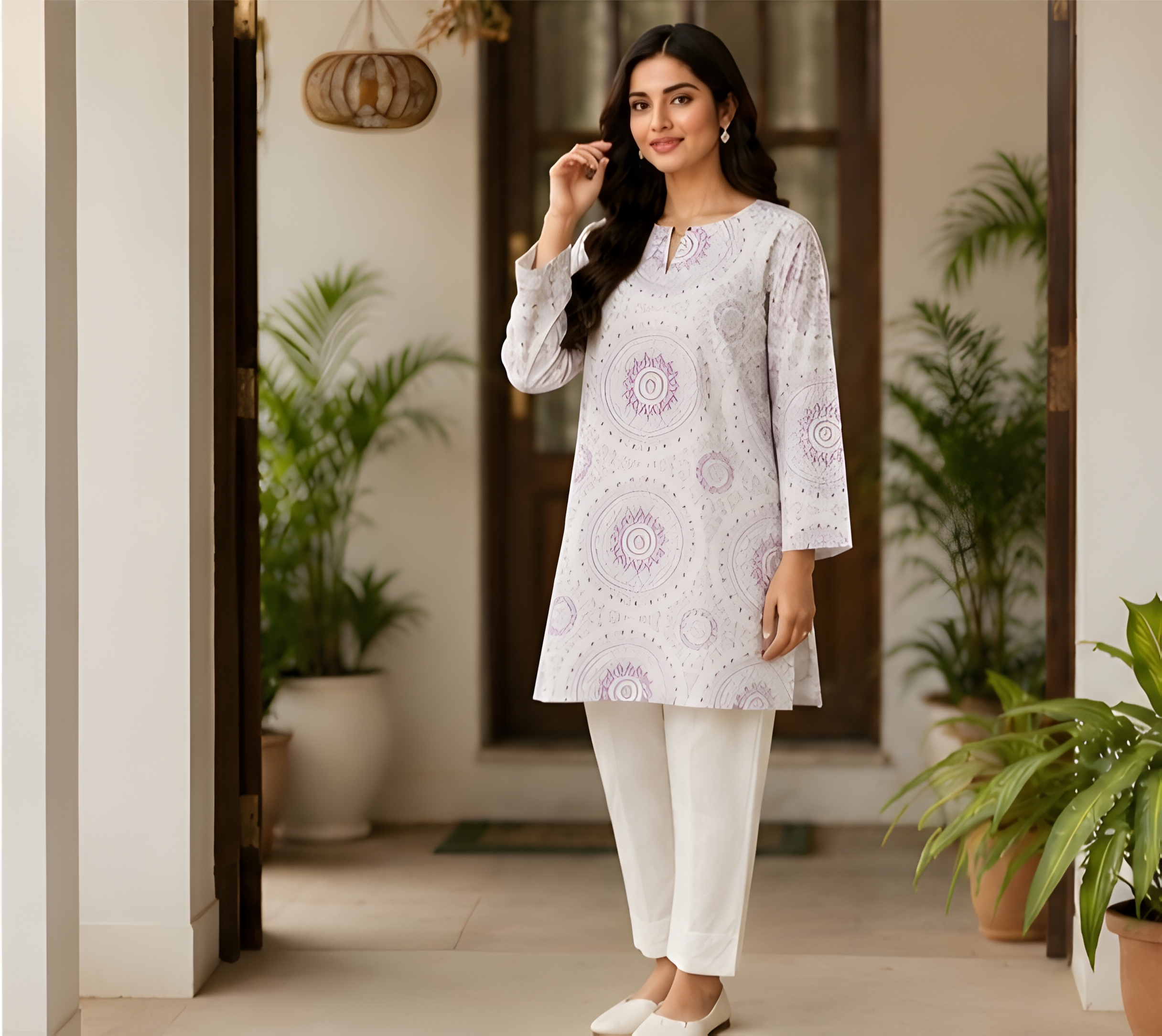 Mandala Printed NV-Blend Corset-Back Tunic Shirt