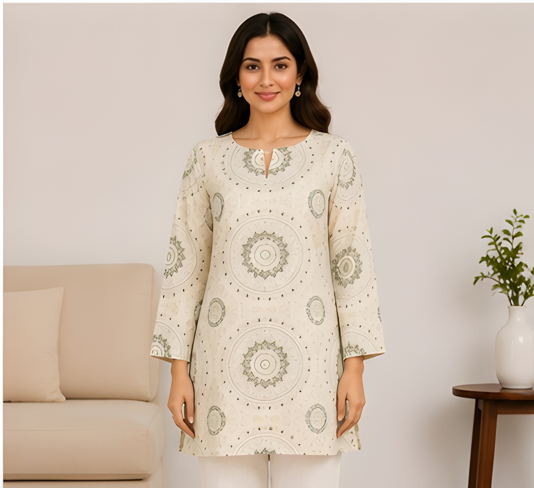 Mandala Printed NV-Blend Corset-Back Tunic Shirt