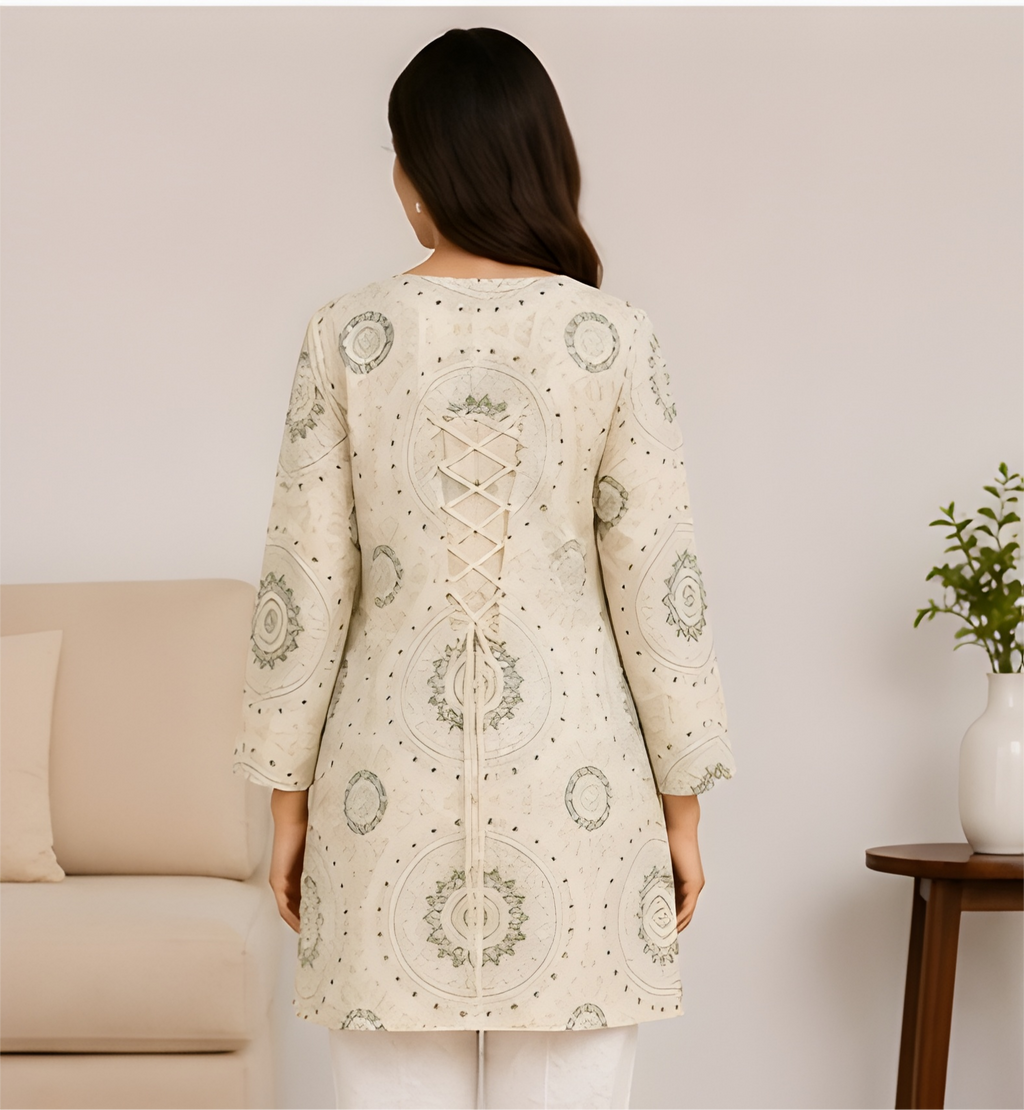 Mandala Printed NV-Blend Corset-Back Tunic Shirt