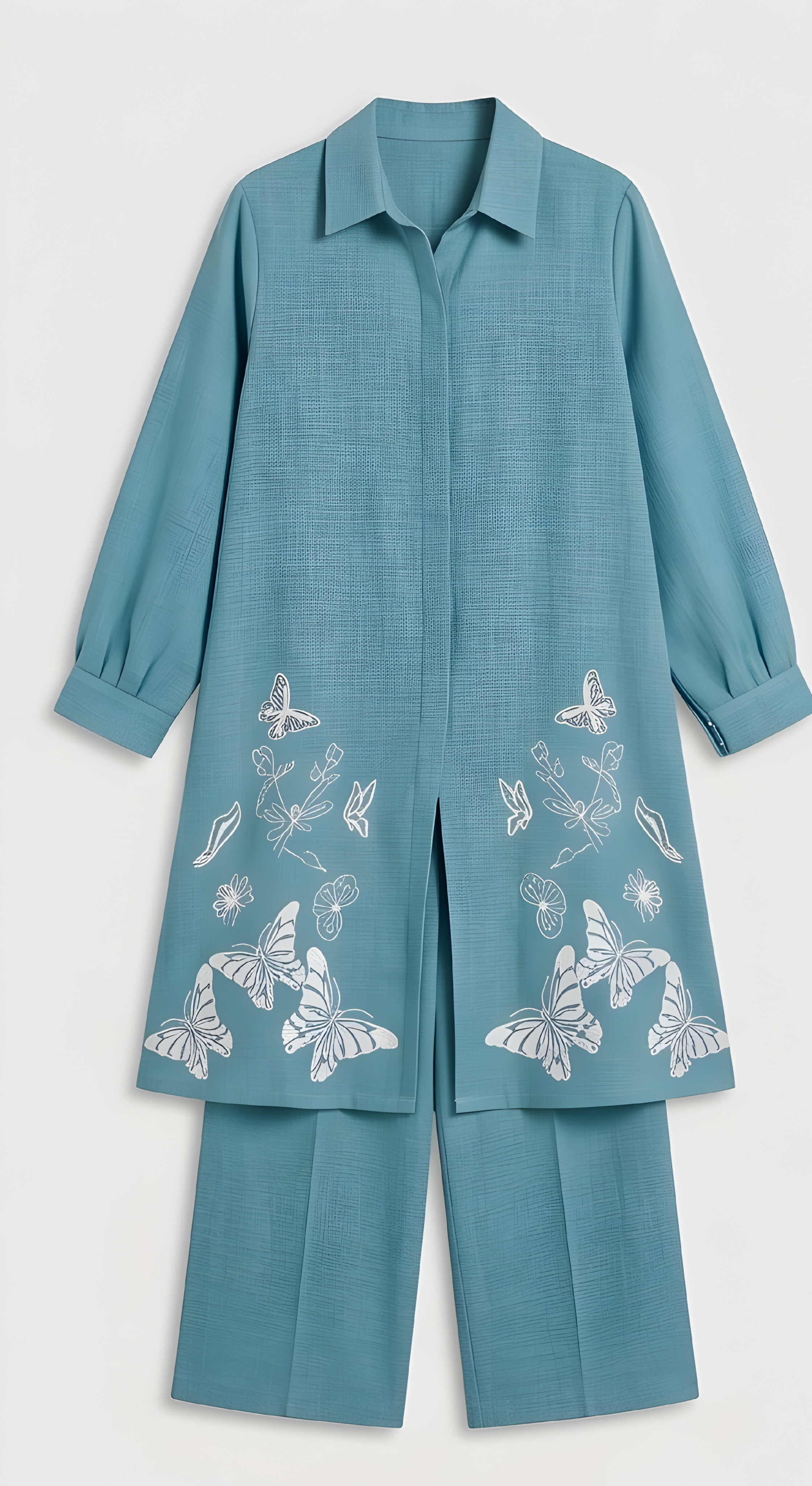 Butterfly Embroidered Imported NV-Blend Teal Tunic & Wide-Leg Co-Ord Set
