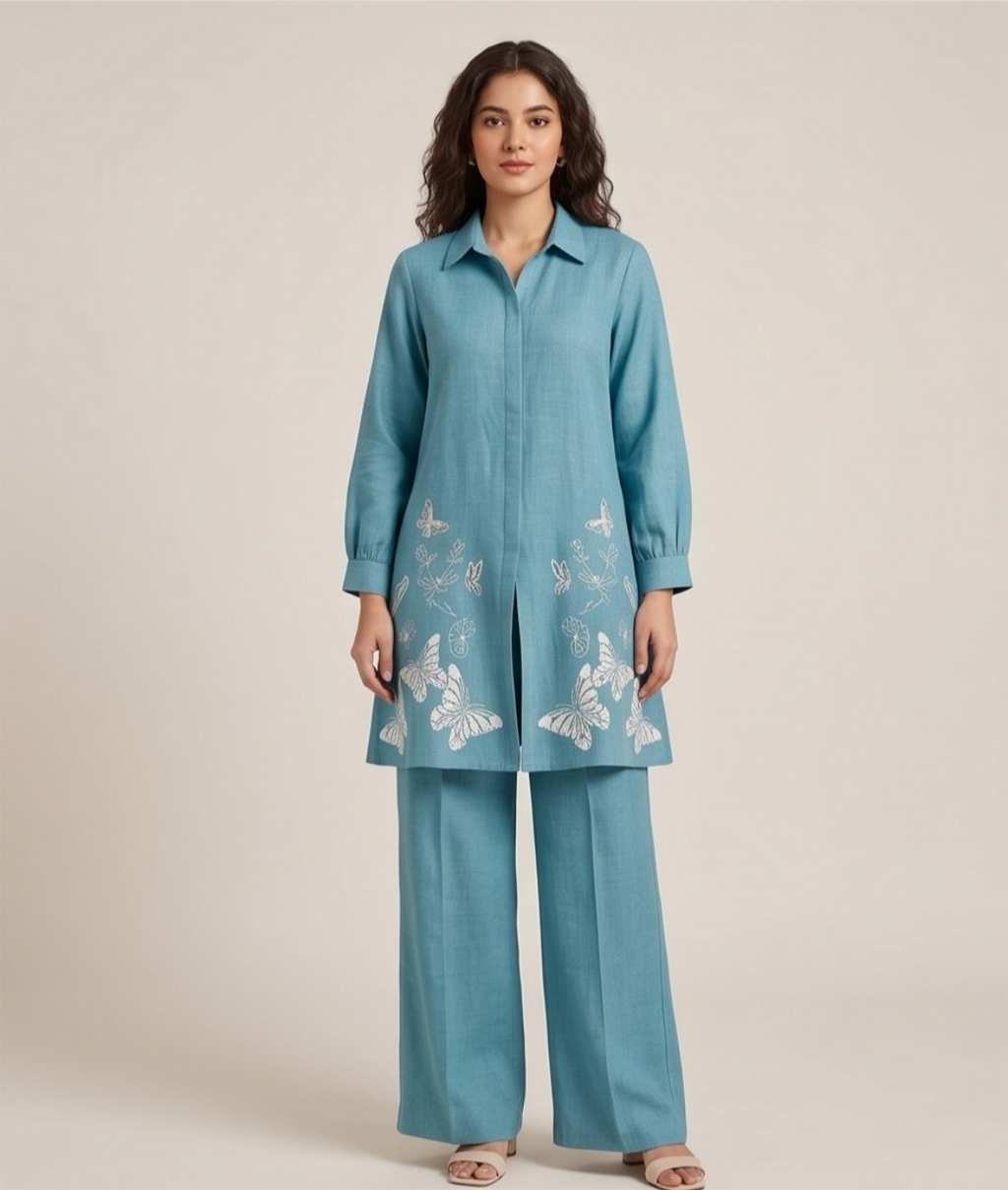 Butterfly Embroidered Imported NV-Blend Teal Tunic & Wide-Leg Co-Ord Set