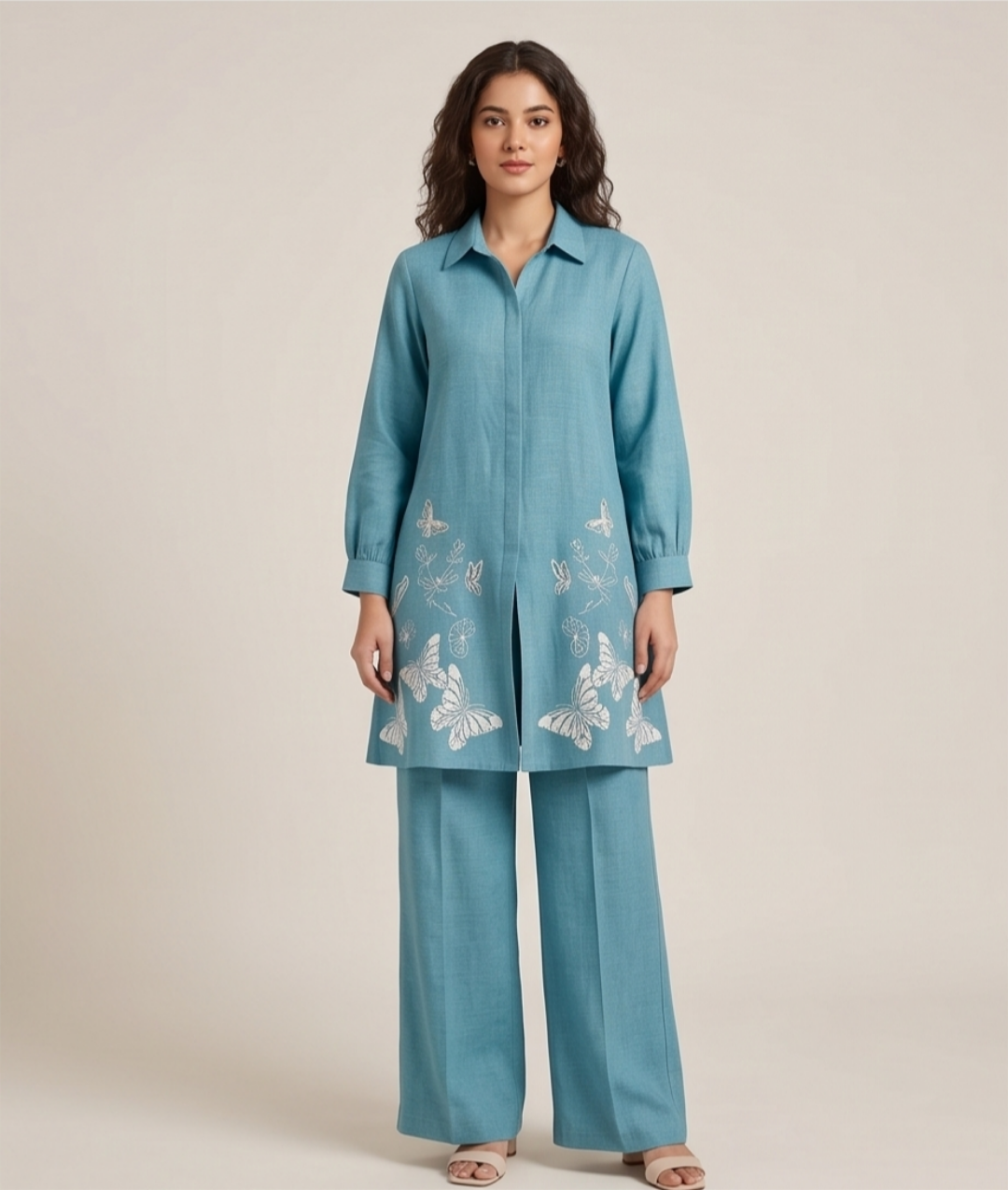 Butterfly Embroidered Imported NV-Blend Teal Tunic & Wide-Leg Co-Ord Set