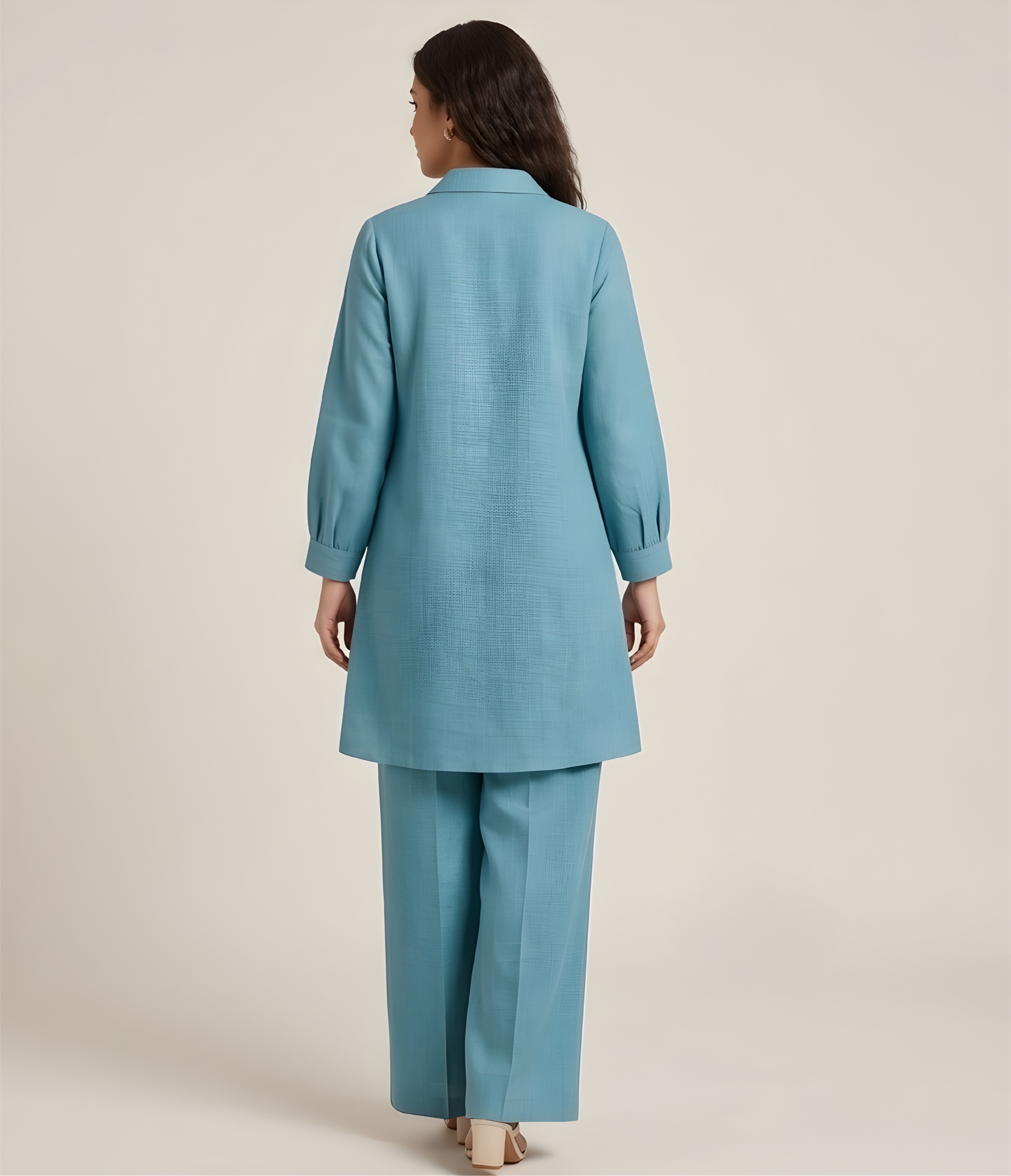 Butterfly Embroidered Imported NV-Blend Teal Tunic & Wide-Leg Co-Ord Set