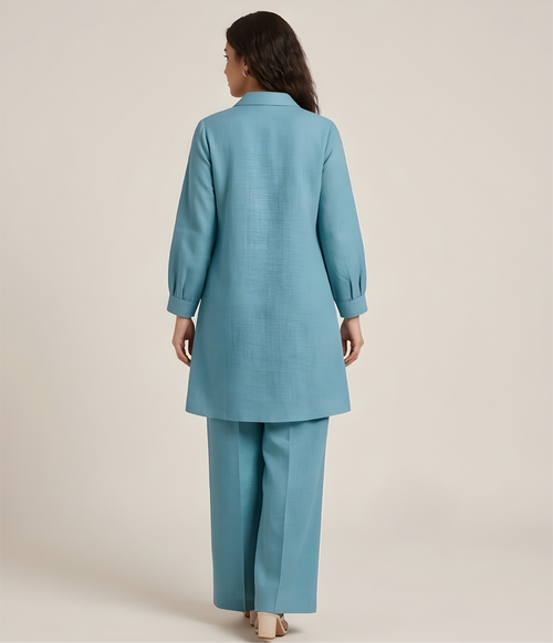 Butterfly Embroidered Imported NV-Blend Teal Tunic & Wide-Leg Co-Ord Set