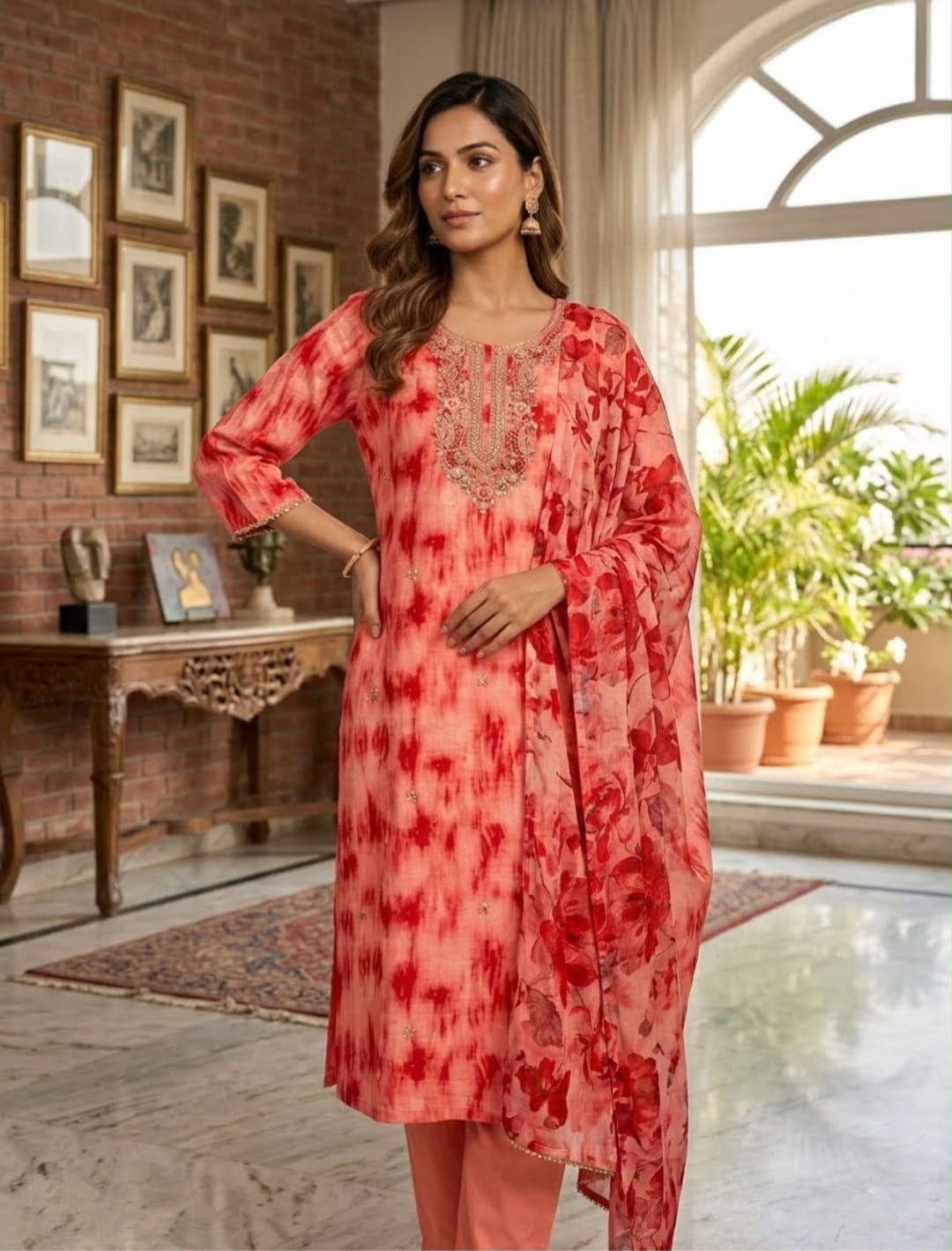 Tie-Dye Floral Printed Coral Peach Gucci Silk Three-Piece Suit