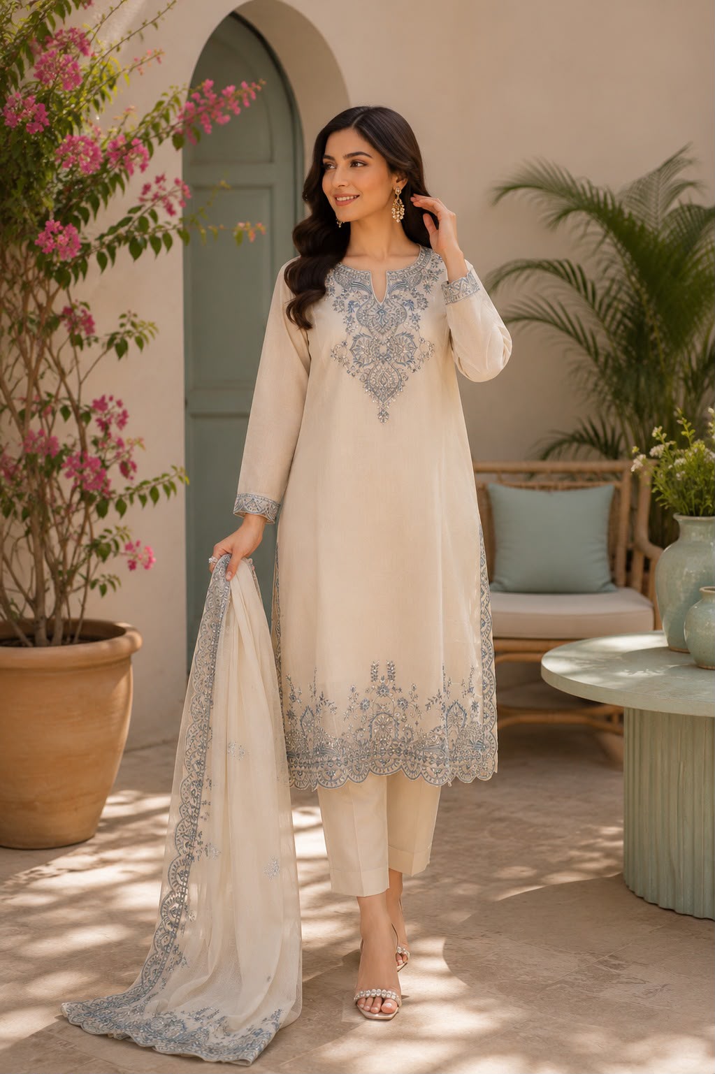 Slate Blue Embroidered Ivory Mul Chanderi Three-Piece Suit
