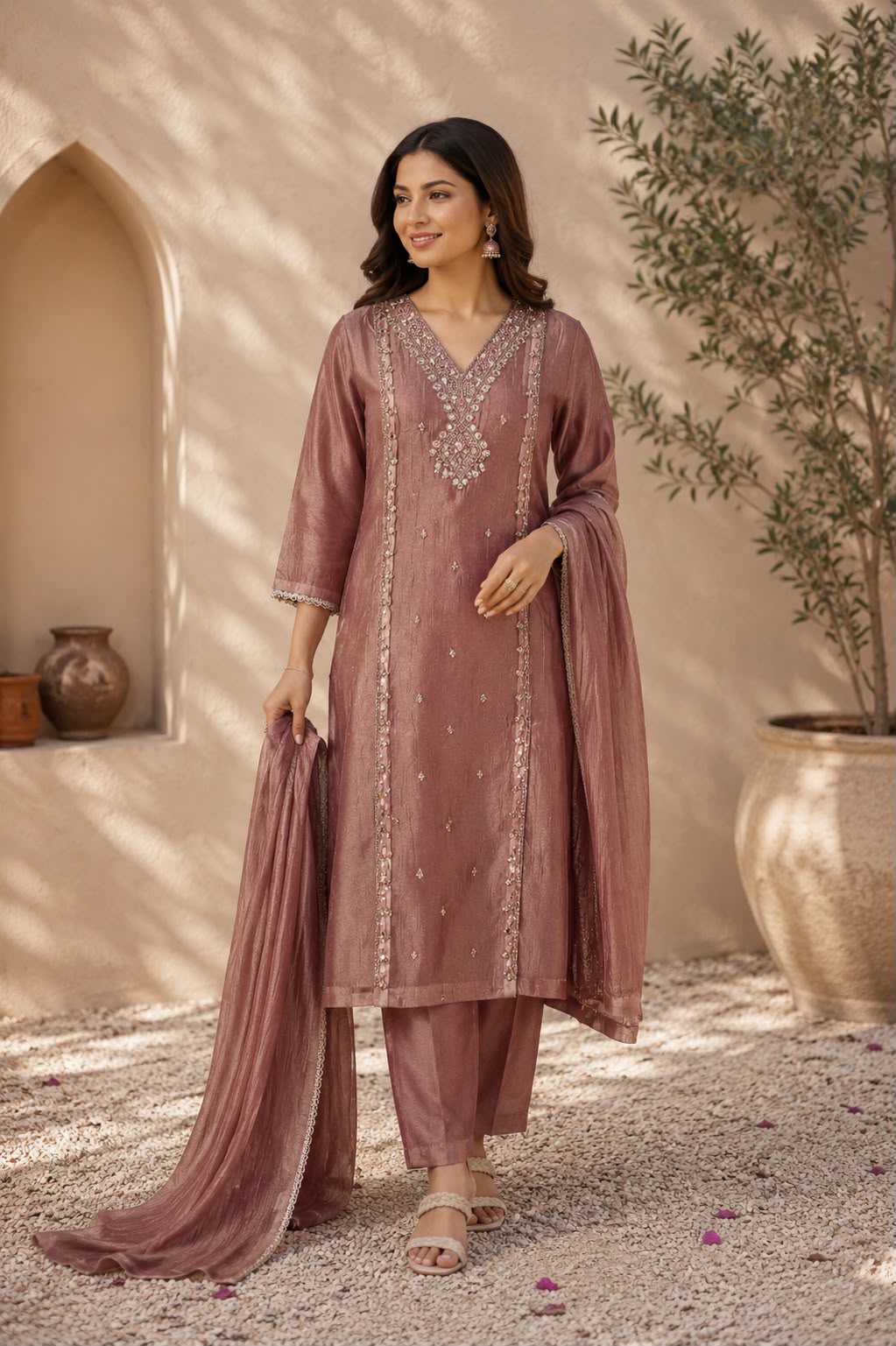 Luxe Salsa Sheen Embroidered Mauve Rose Three-Piece Suit