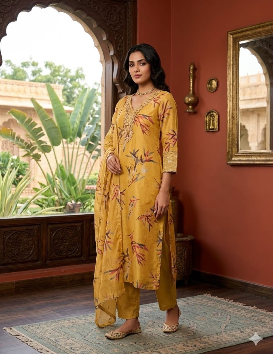 Mustard Botanical Printed Gucci Silk Embroidered Three-Piece Suit