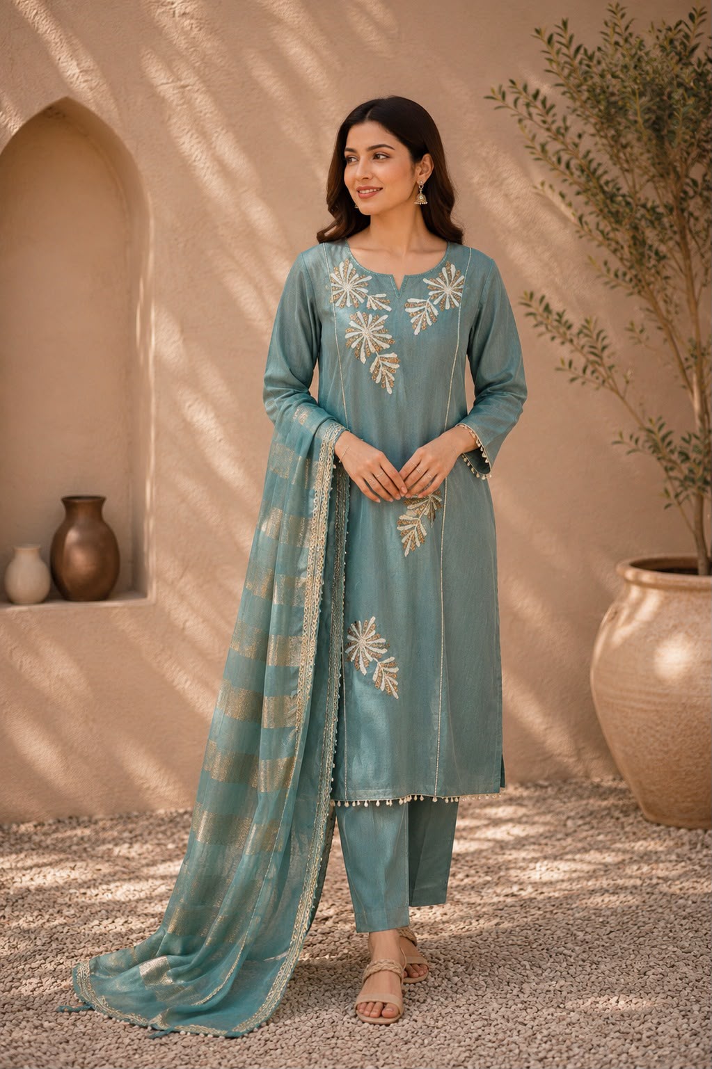 Gota & Zardozi Embroidered Dusty Teal Shimmer Three-Piece Suit