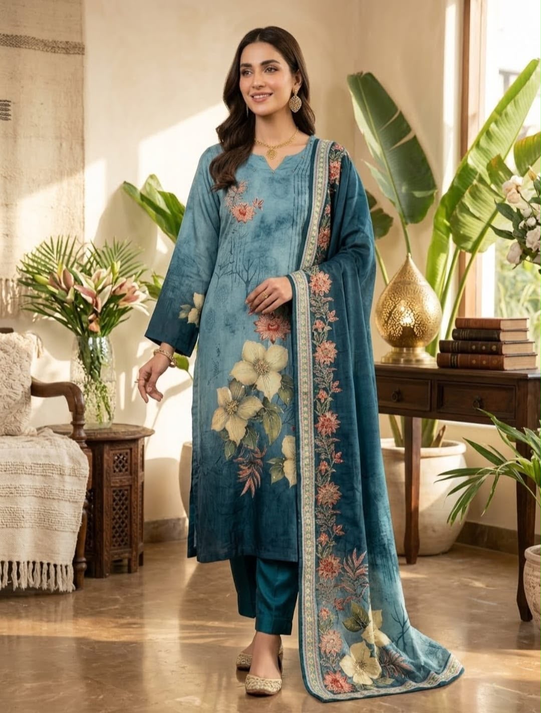 Ombré Floral Printed Pure Crepe Silk Three-Piece Suit
