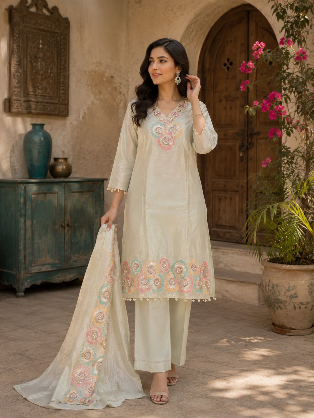 Pastel Circular Embroidered Mint Shimmer Three-Piece Suit