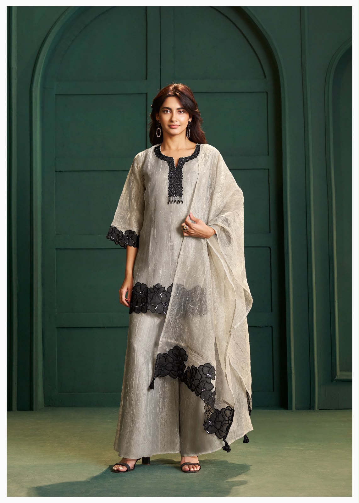 Luxe Salsa Fabric Cutwork Appliqué Three-Piece Suit