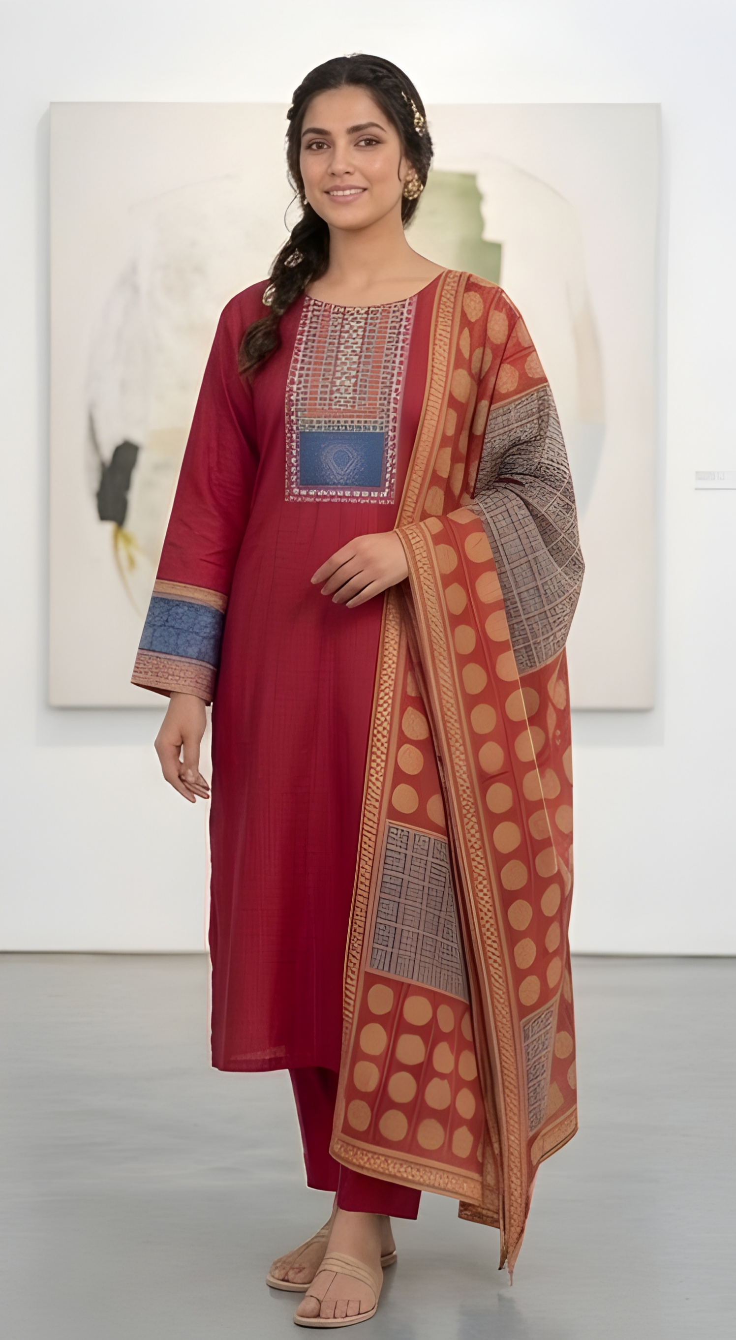 Schiffli and berlin Patch Kurta Set
