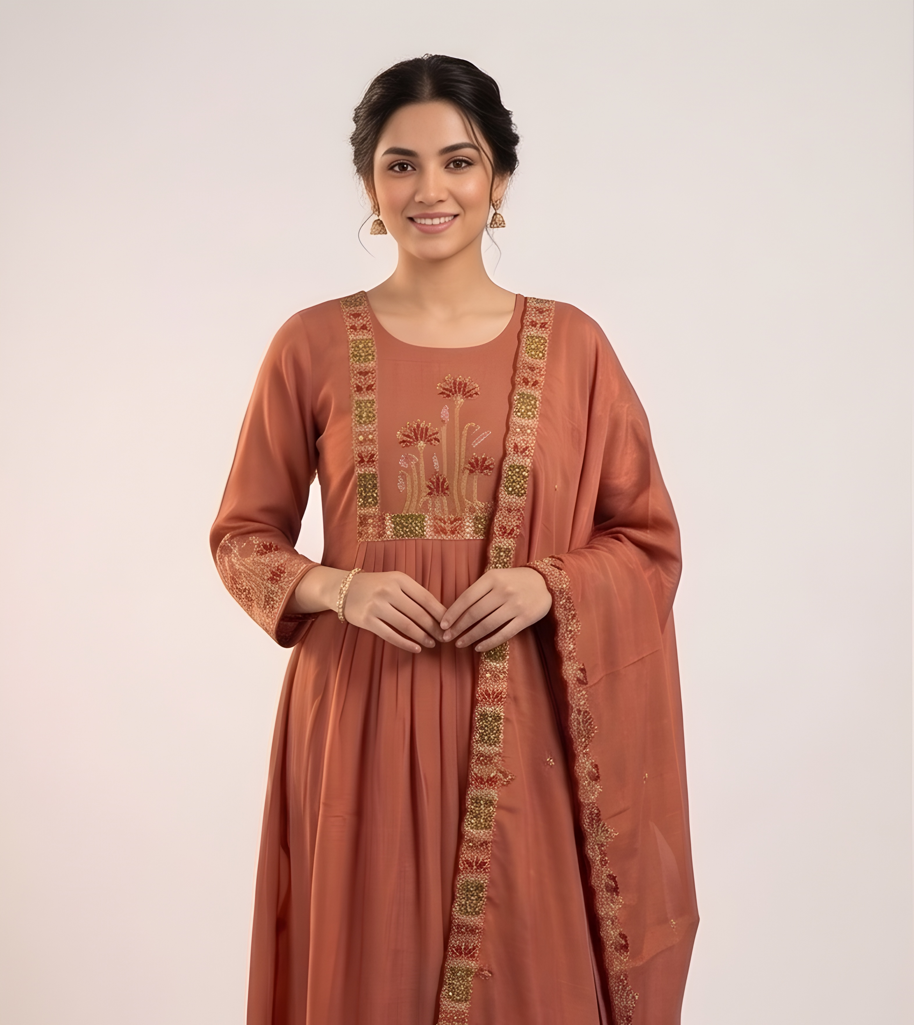 Mul Chanderi kurta set (Peach color)