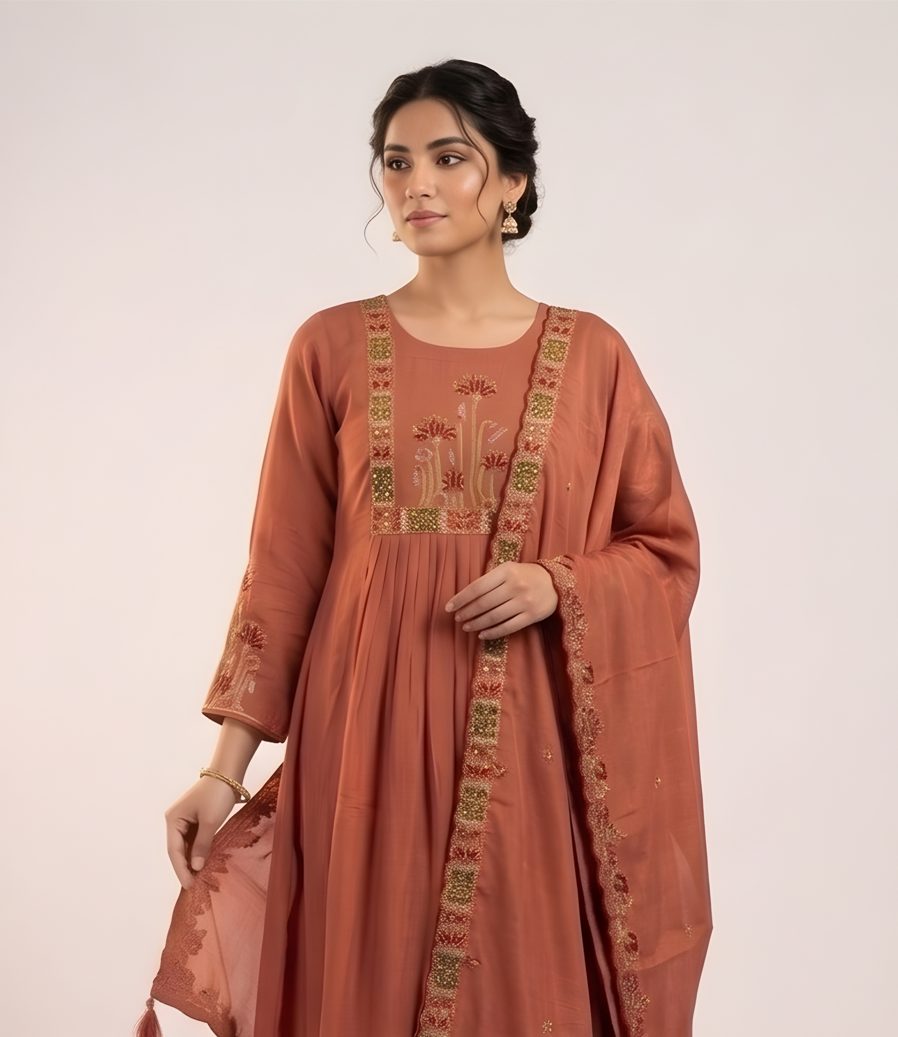 Mul Chanderi kurta set (Peach color)