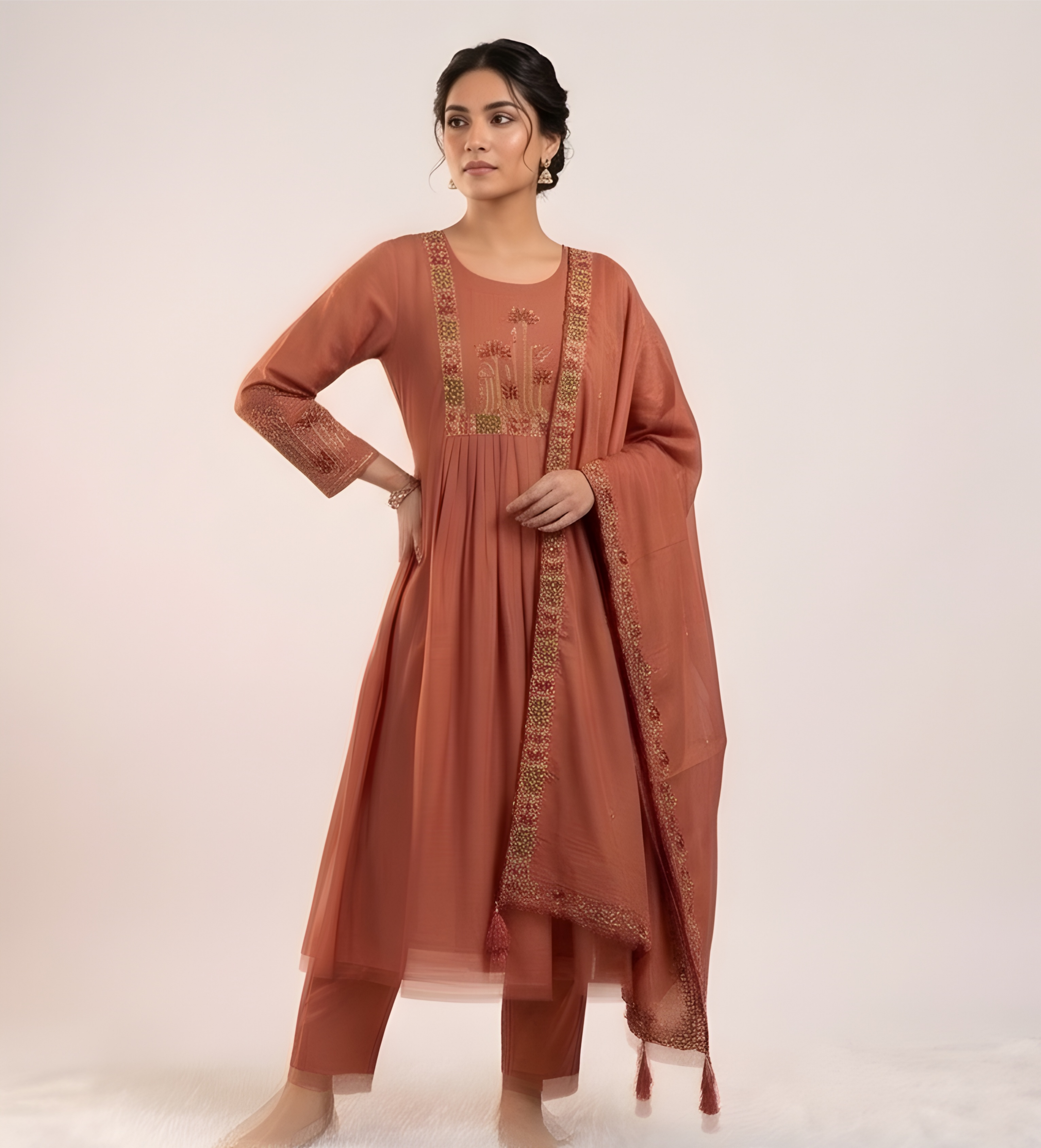 Mul Chanderi kurta set (Peach color)
