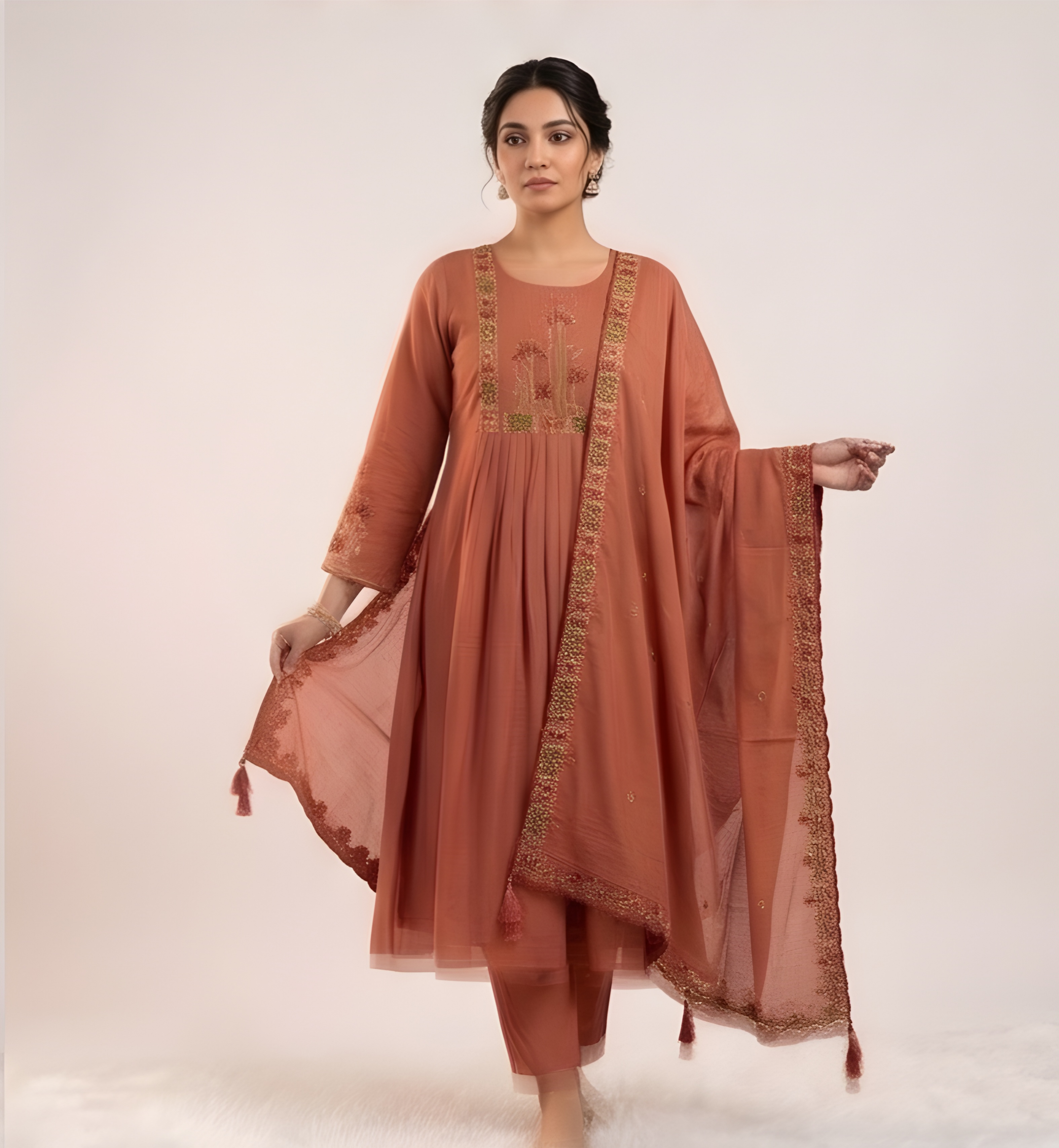 Mul Chanderi kurta set (Peach color)