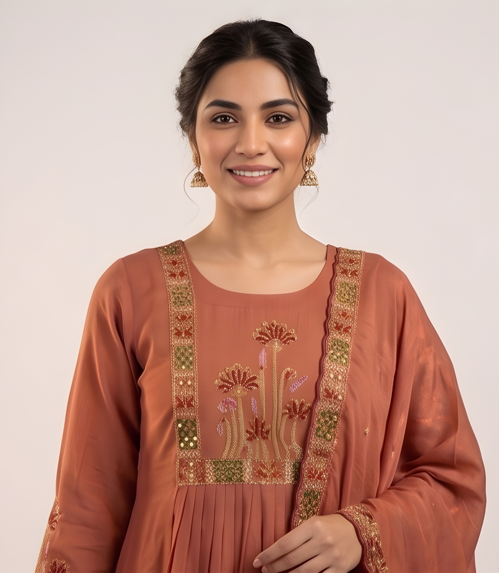 Mul Chanderi kurta set (Peach color)