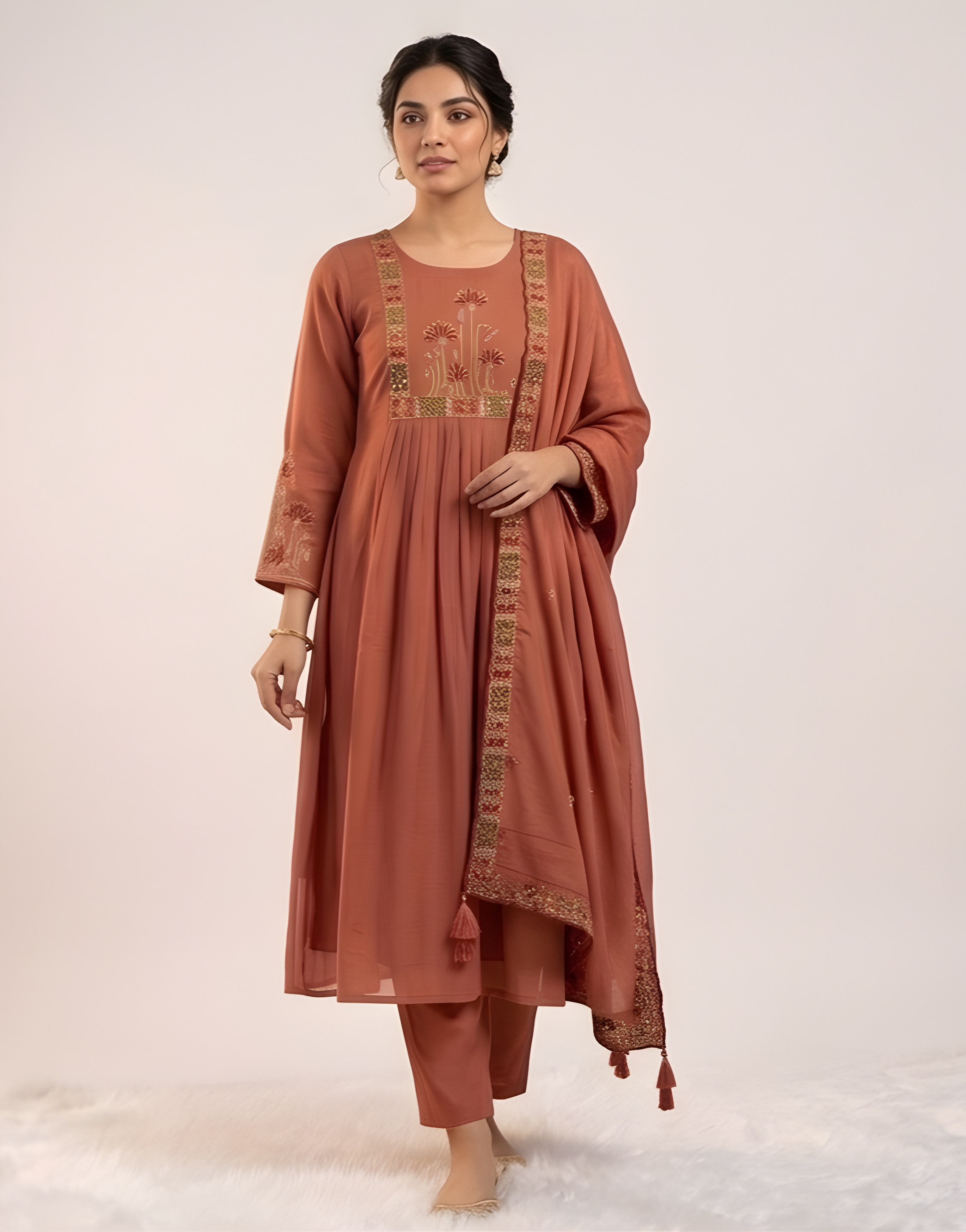 Mul Chanderi kurta set (Peach color)