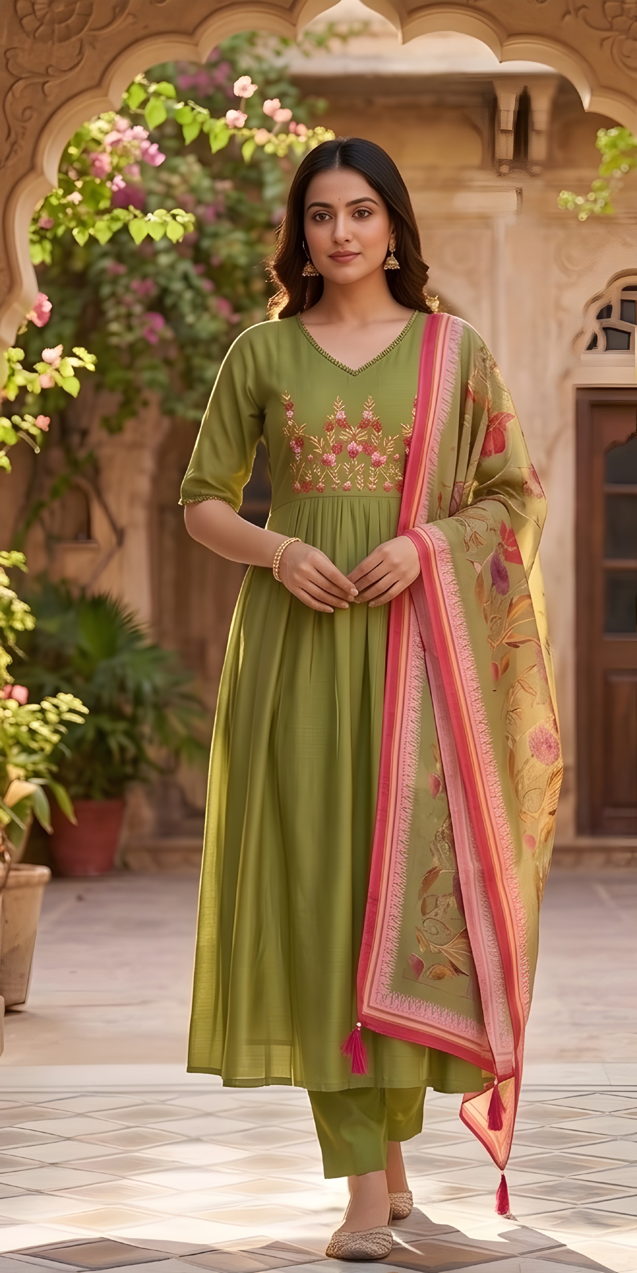 Mul Chanderi kurta set (Olive Green color)