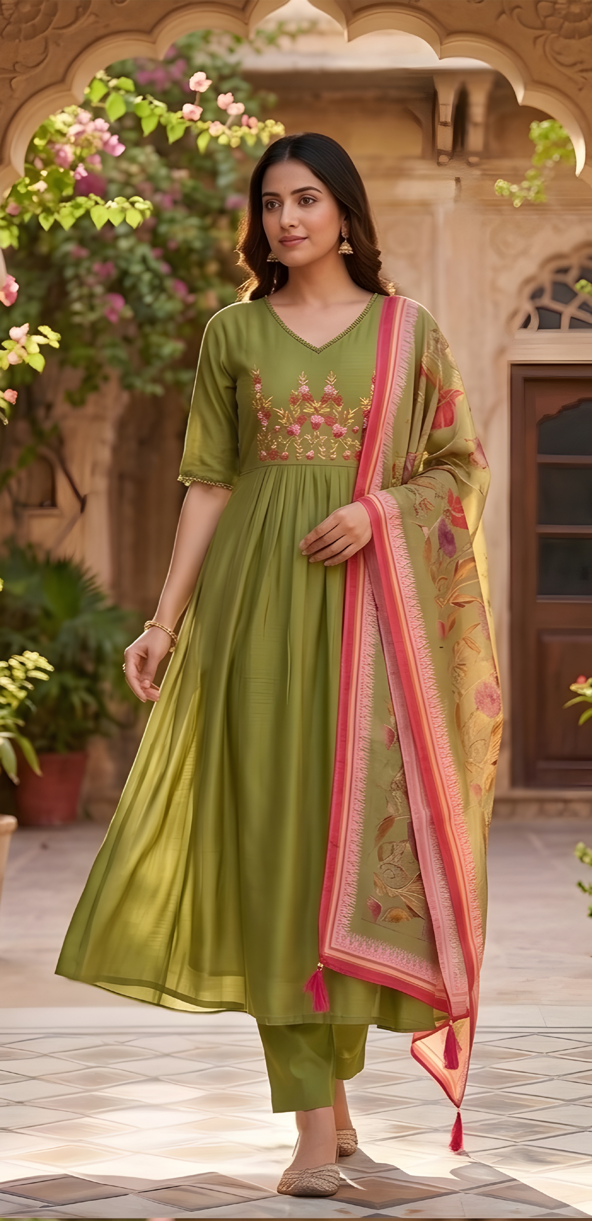 Mul Chanderi kurta set (Olive Green color)