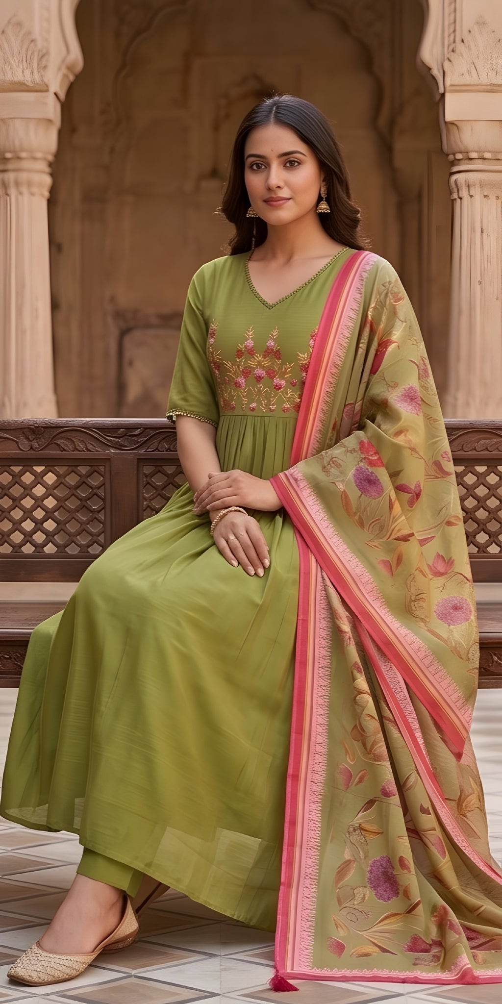 Mul Chanderi kurta set (Olive Green color)
