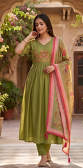 Mul Chanderi kurta set (Olive Green color)