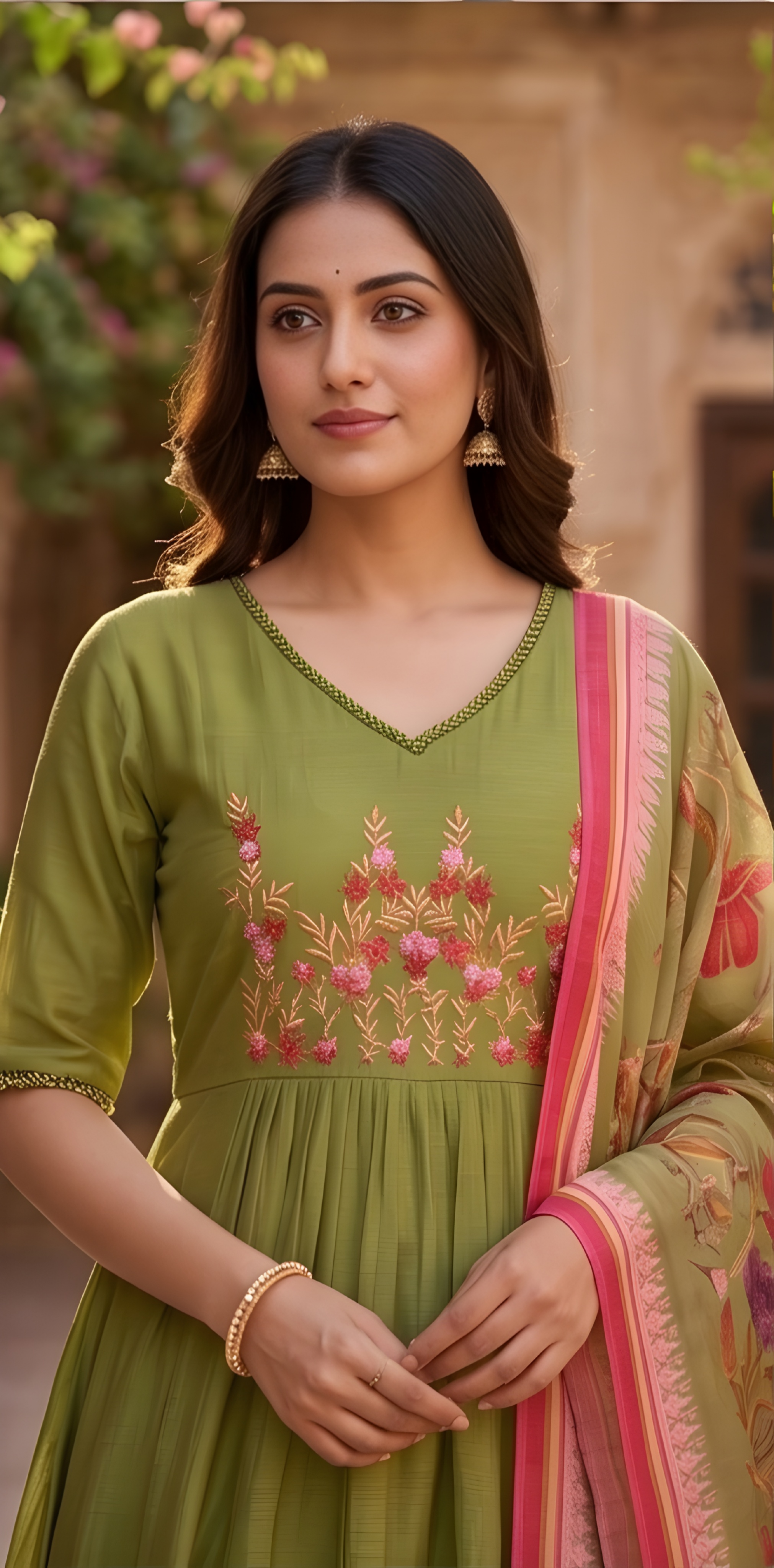 Mul Chanderi kurta set (Olive Green color)