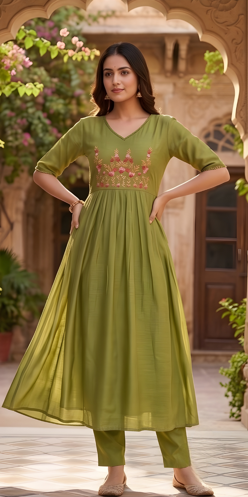 Mul Chanderi kurta set (Olive Green color)