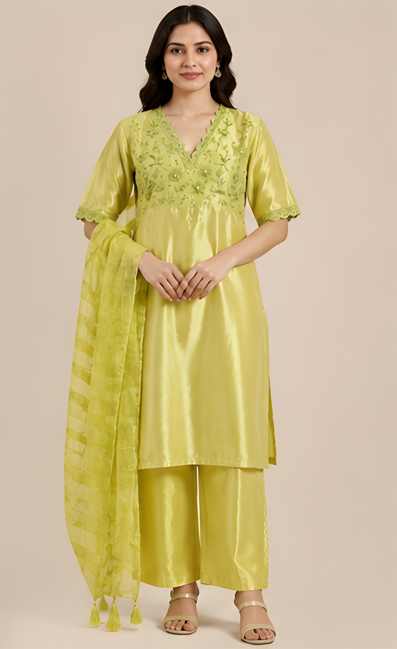 Luxe Lime Shimmer Embroidered Three-Piece Suit