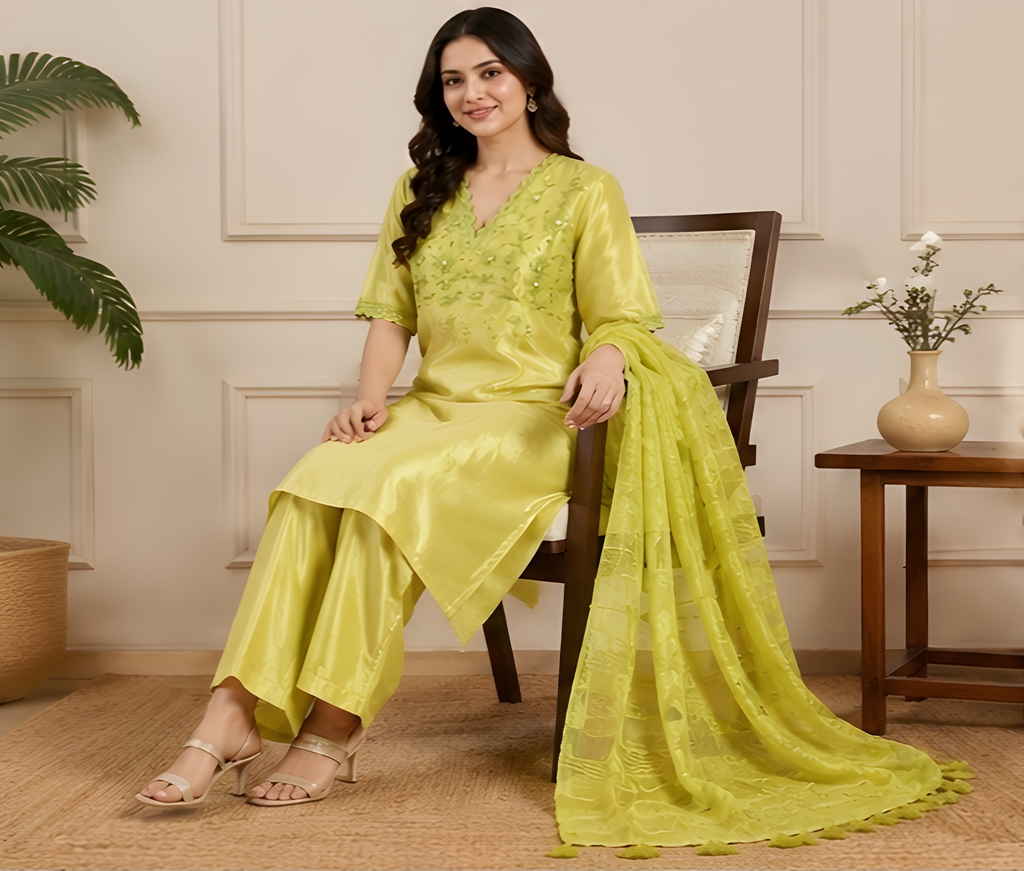 Luxe Lime Shimmer Embroidered Three-Piece Suit