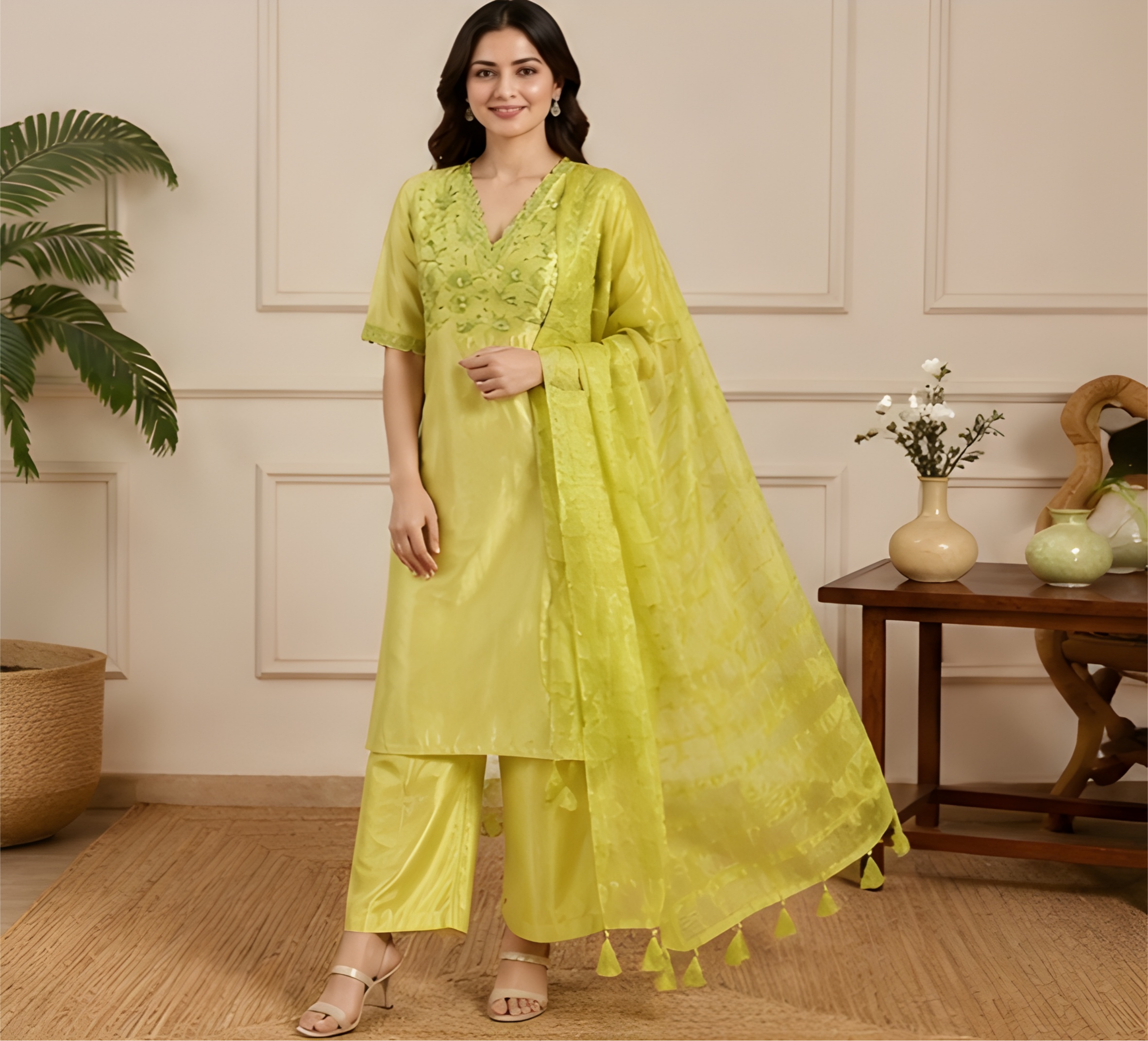 Luxe Lime Shimmer Embroidered Three-Piece Suit