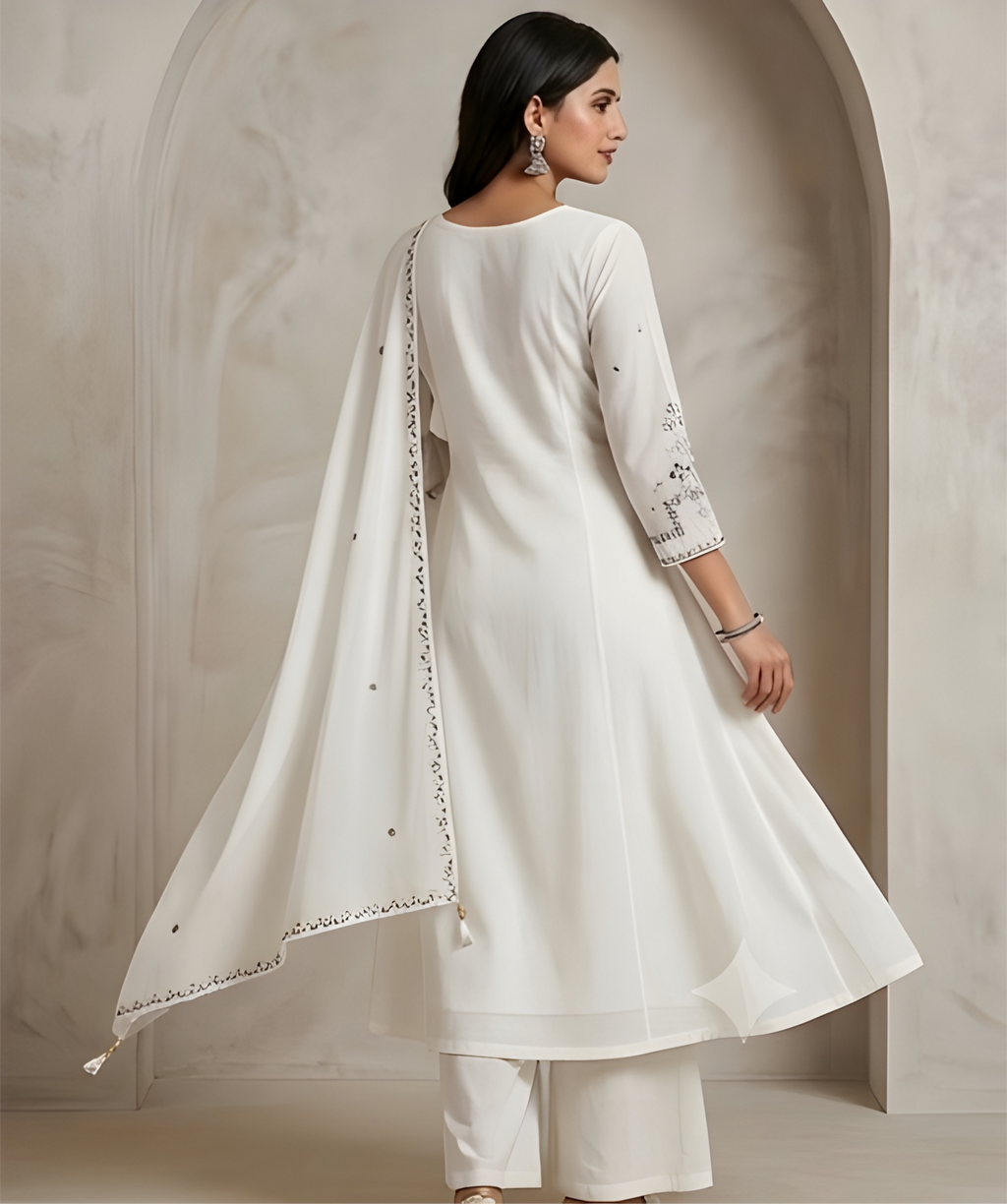 Monochrome Hand-Embroidered Ivory Anarkali Three-Piece Suit