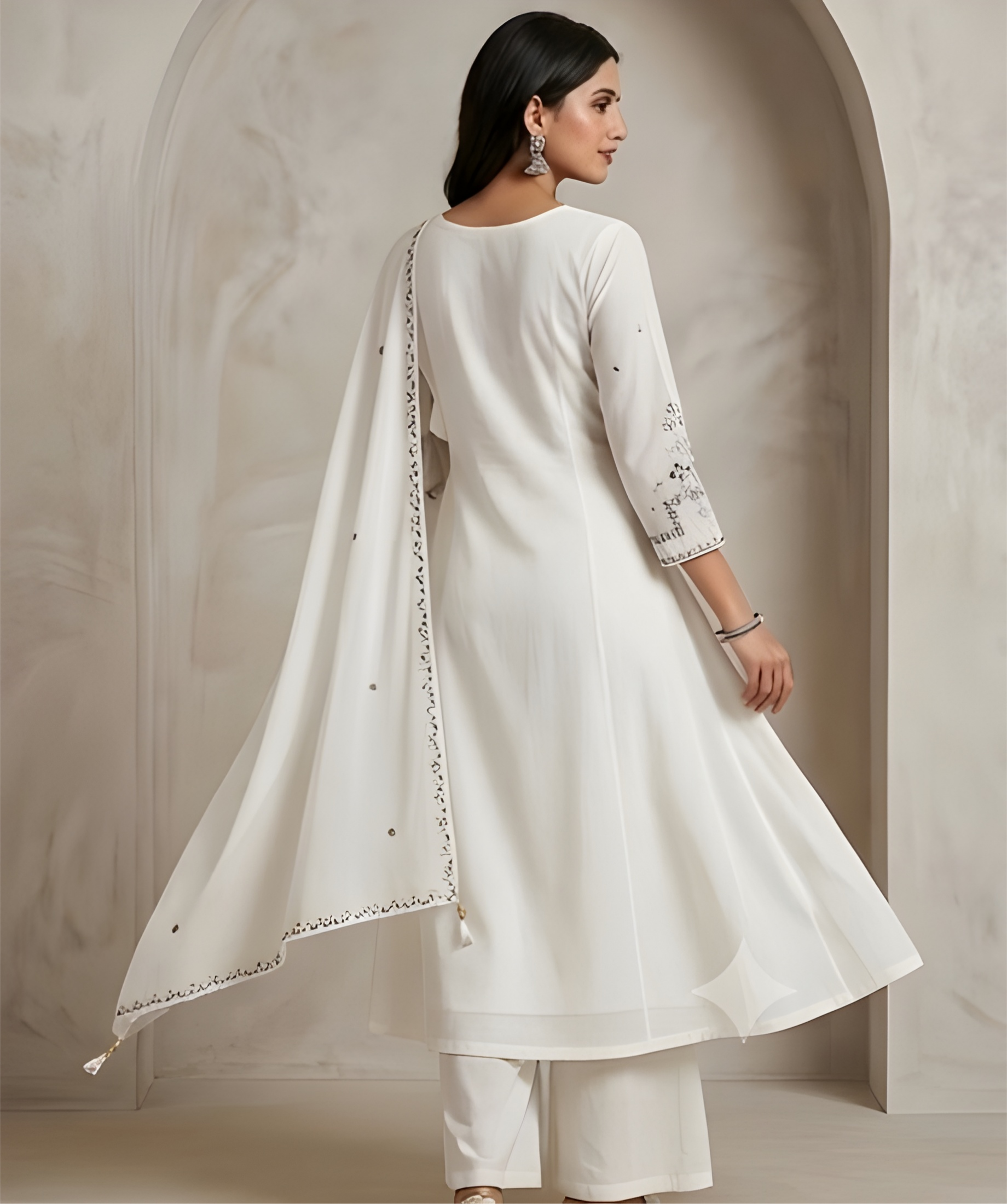 Monochrome Hand-Embroidered Ivory Anarkali Three-Piece Suit