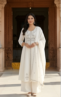 Monochrome Hand-Embroidered Ivory Anarkali Three-Piece Suit