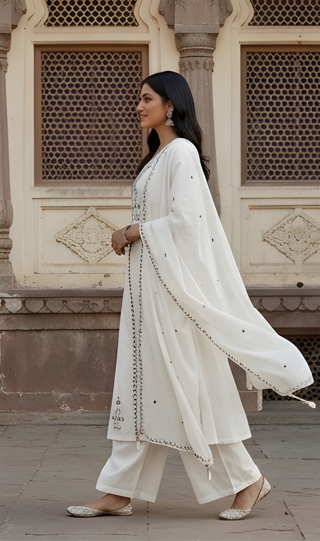 Monochrome Hand-Embroidered Ivory Anarkali Three-Piece Suit