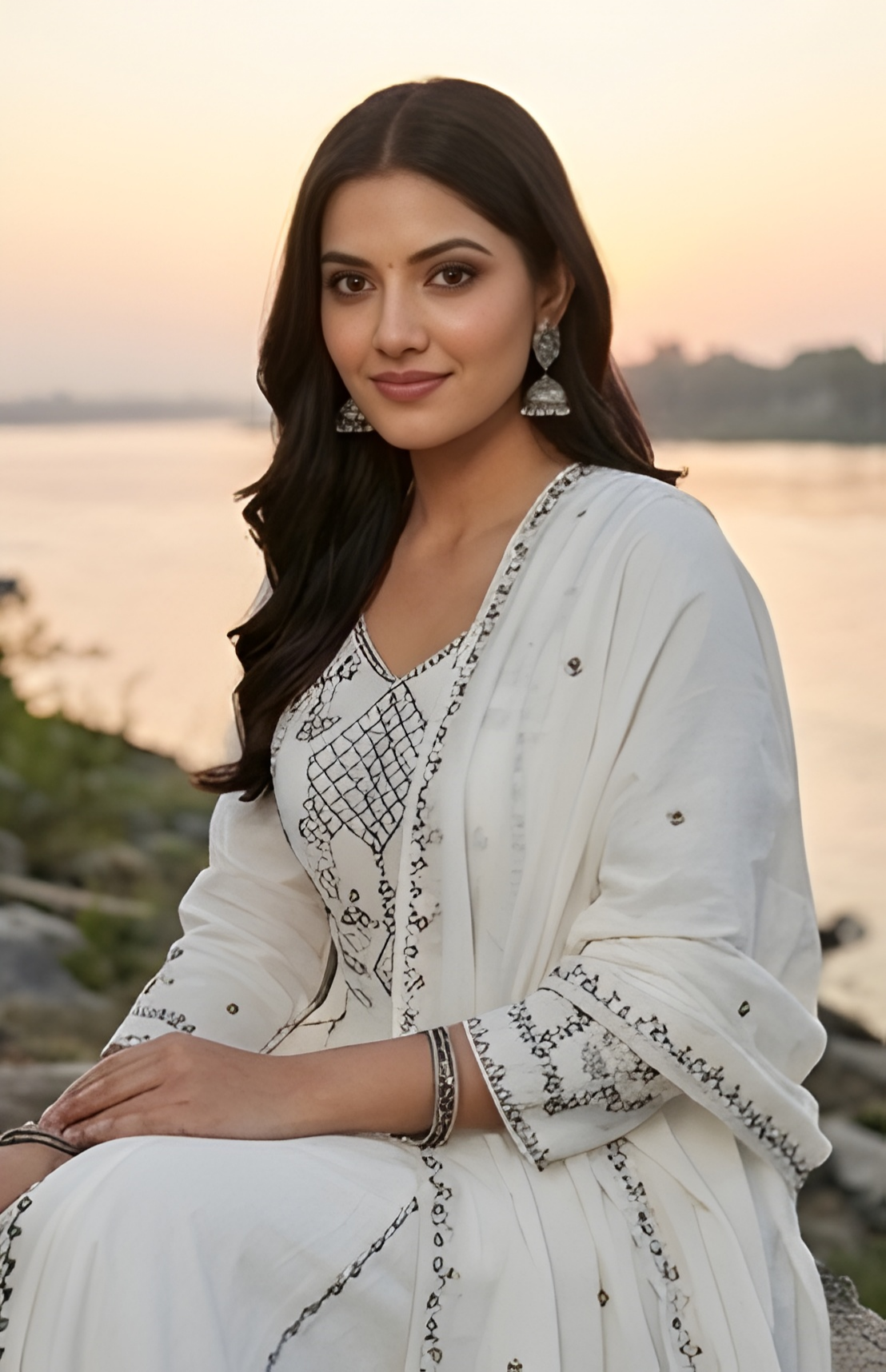 Monochrome Hand-Embroidered Ivory Anarkali Three-Piece Suit