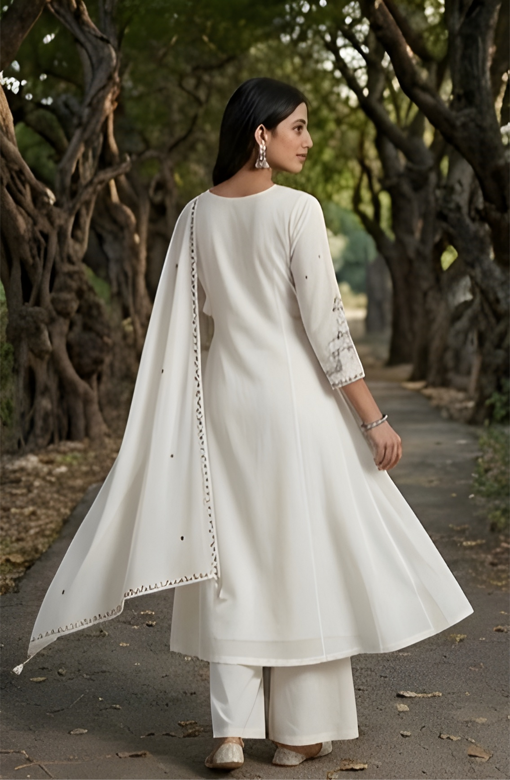 Monochrome Hand-Embroidered Ivory Anarkali Three-Piece Suit