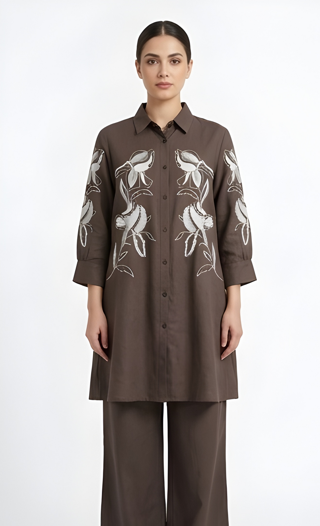 Floral Embroidered Premium Cotton Tunic & Wide-Leg Co-Ord Set