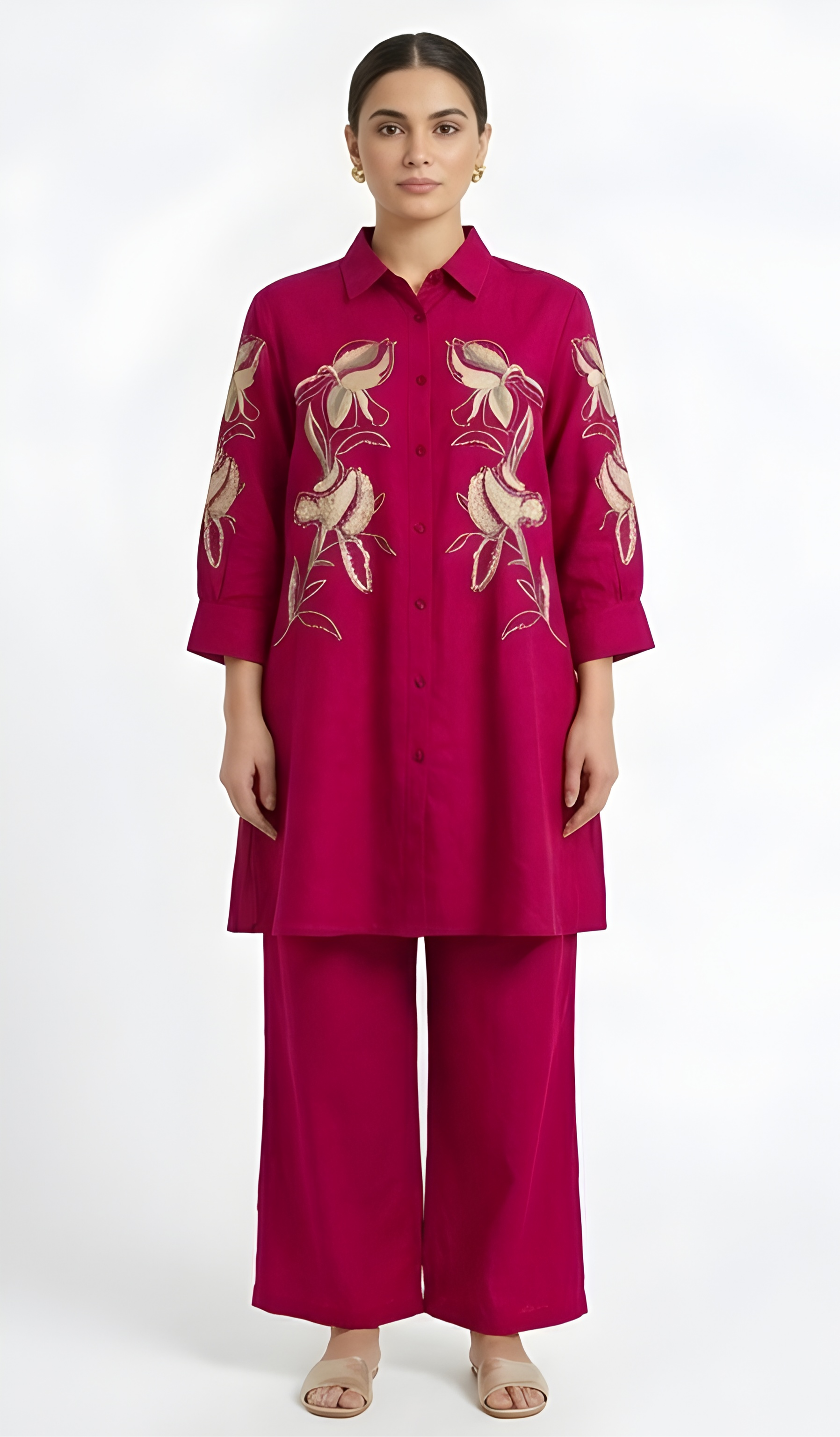 Floral Embroidered Premium Cotton Tunic & Wide-Leg Co-Ord Set