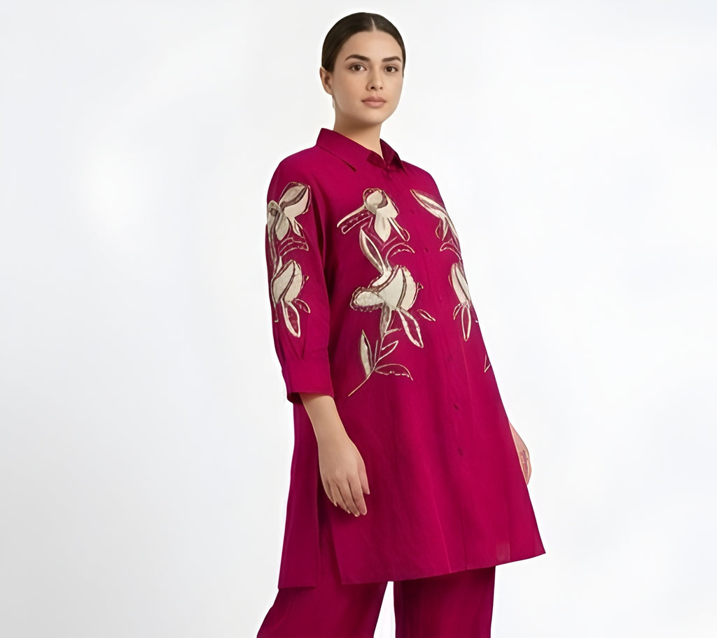 Floral Embroidered Premium Cotton Tunic & Wide-Leg Co-Ord Set