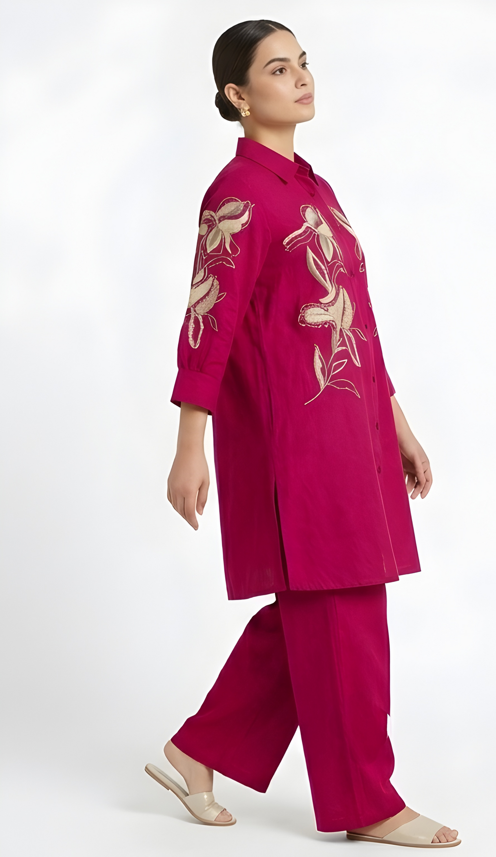 Floral Embroidered Premium Cotton Tunic & Wide-Leg Co-Ord Set