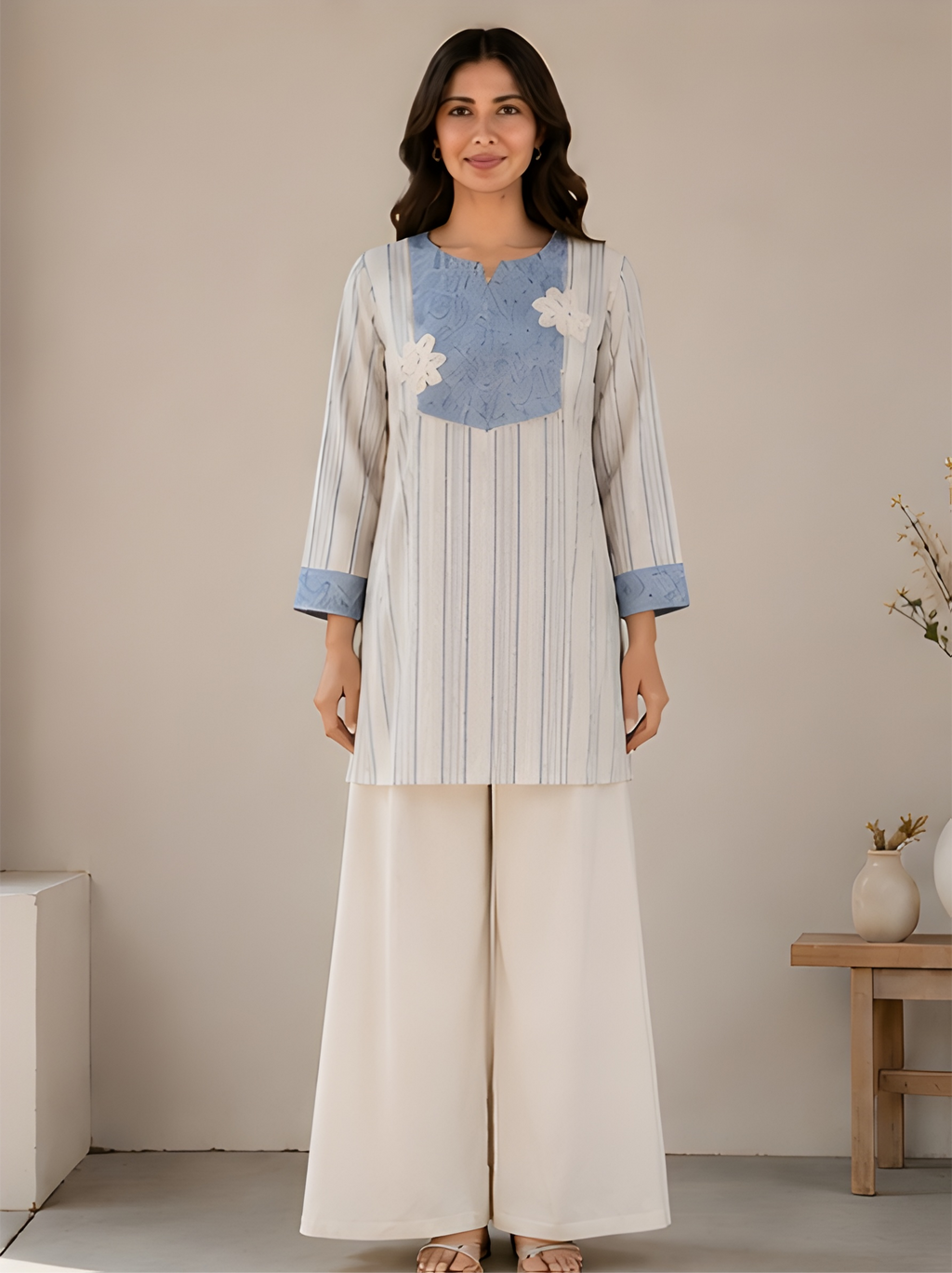 Floral Appliqué Khadi Cotton Blend Co-Ord Set