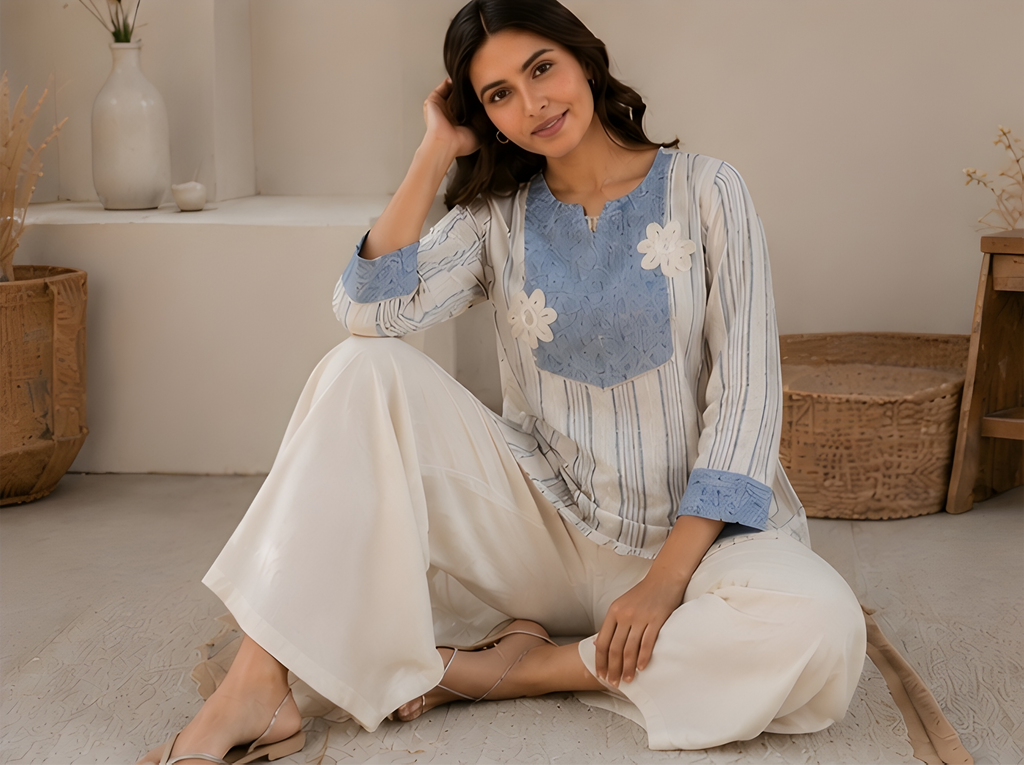 Floral Appliqué Khadi Cotton Blend Co-Ord Set