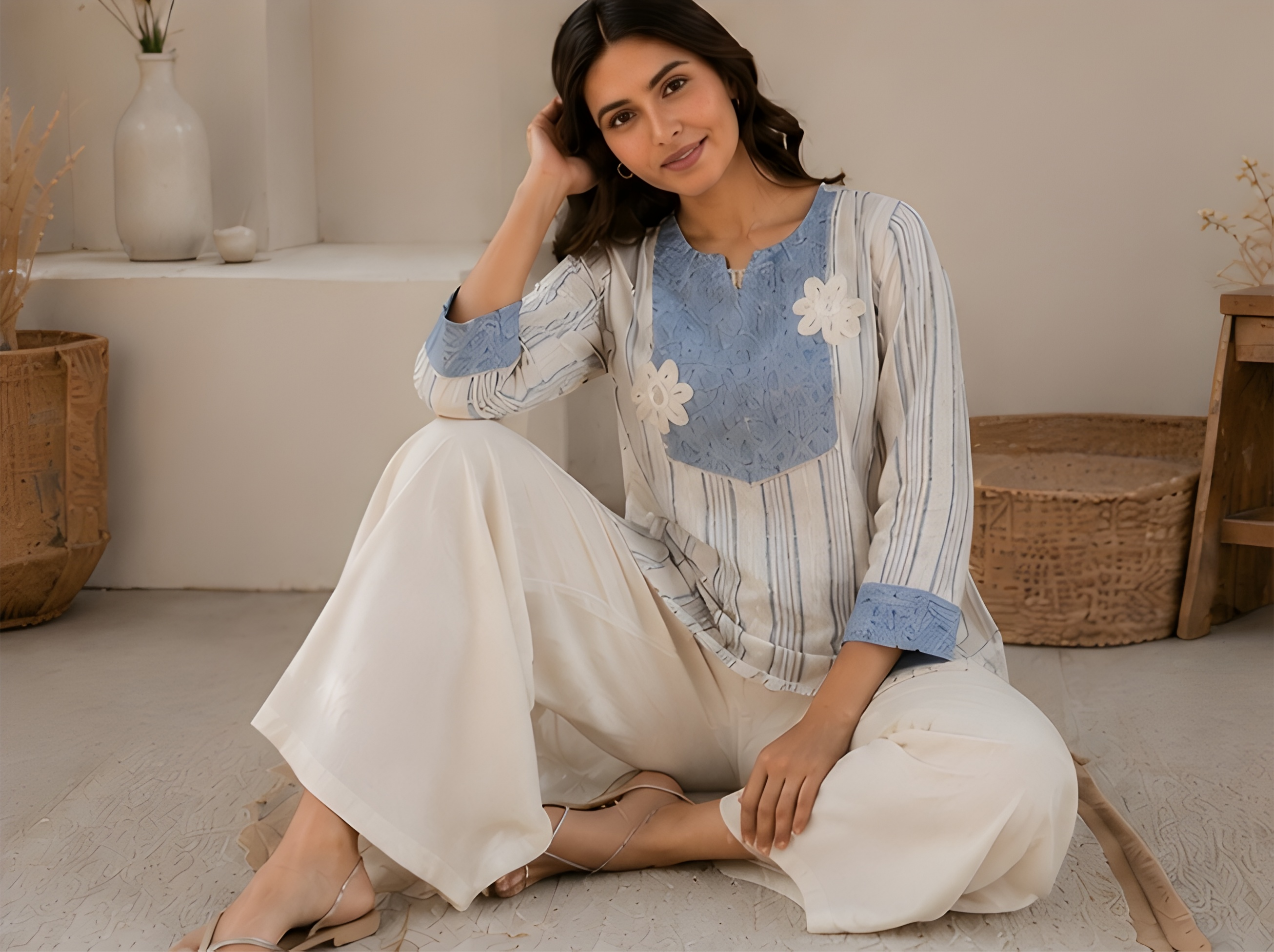 Floral Appliqué Khadi Cotton Blend Co-Ord Set