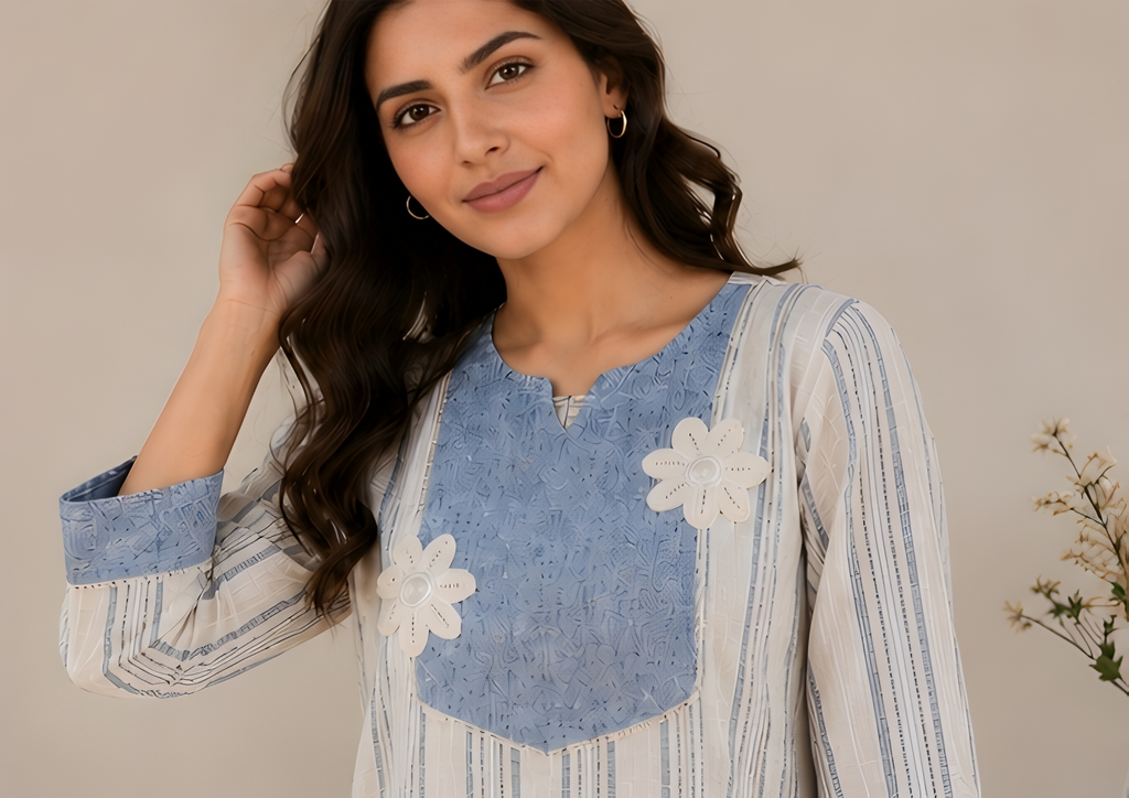 Floral Appliqué Khadi Cotton Blend Co-Ord Set