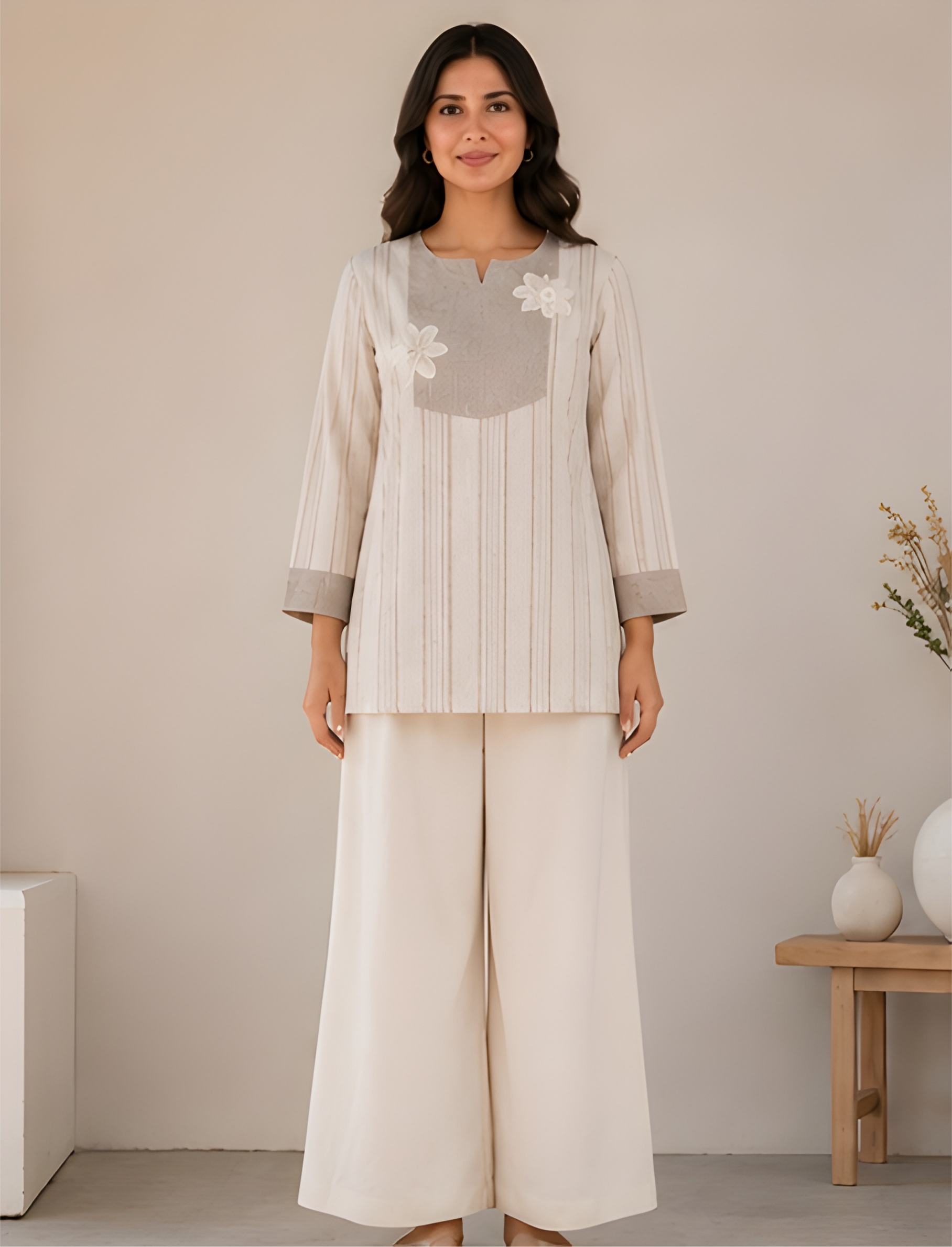 Floral Appliqué Khadi Cotton Blend Co-Ord Set