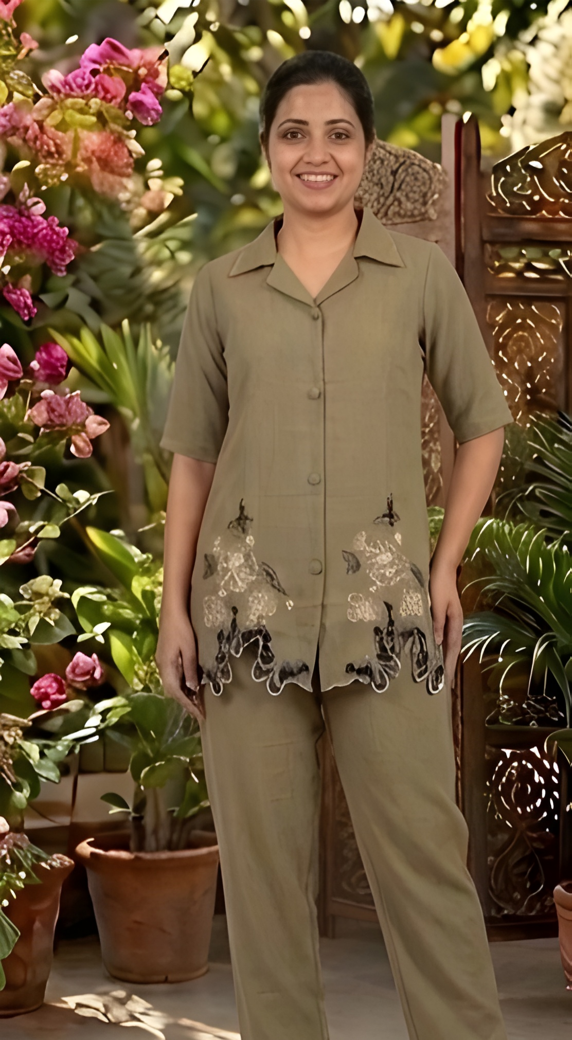 Butterfly Embroidered Imported NV-Blend Teal Tunic & Wide-Leg Co-Ord Set