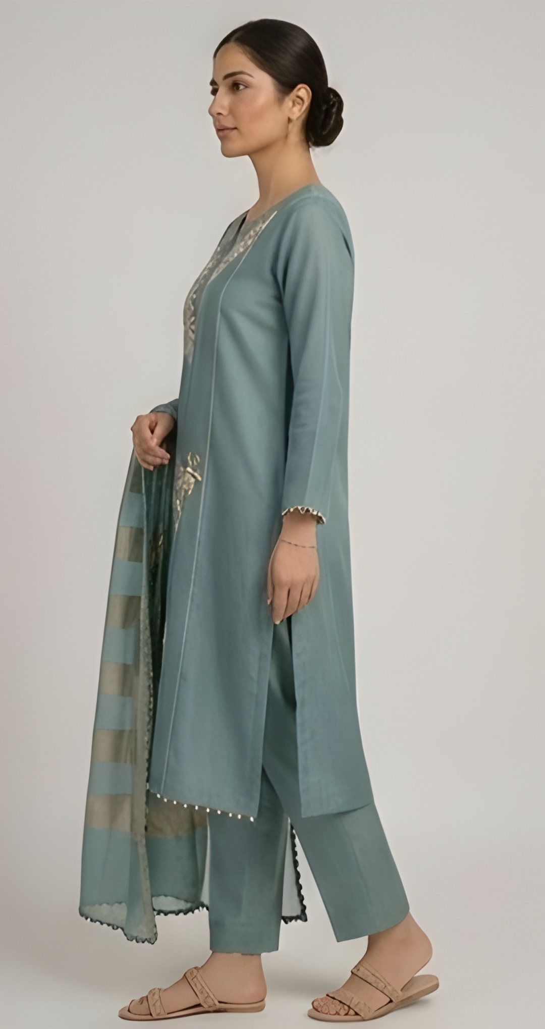 Gota & Zardozi Embroidered Dusty Teal Shimmer Three-Piece Suit