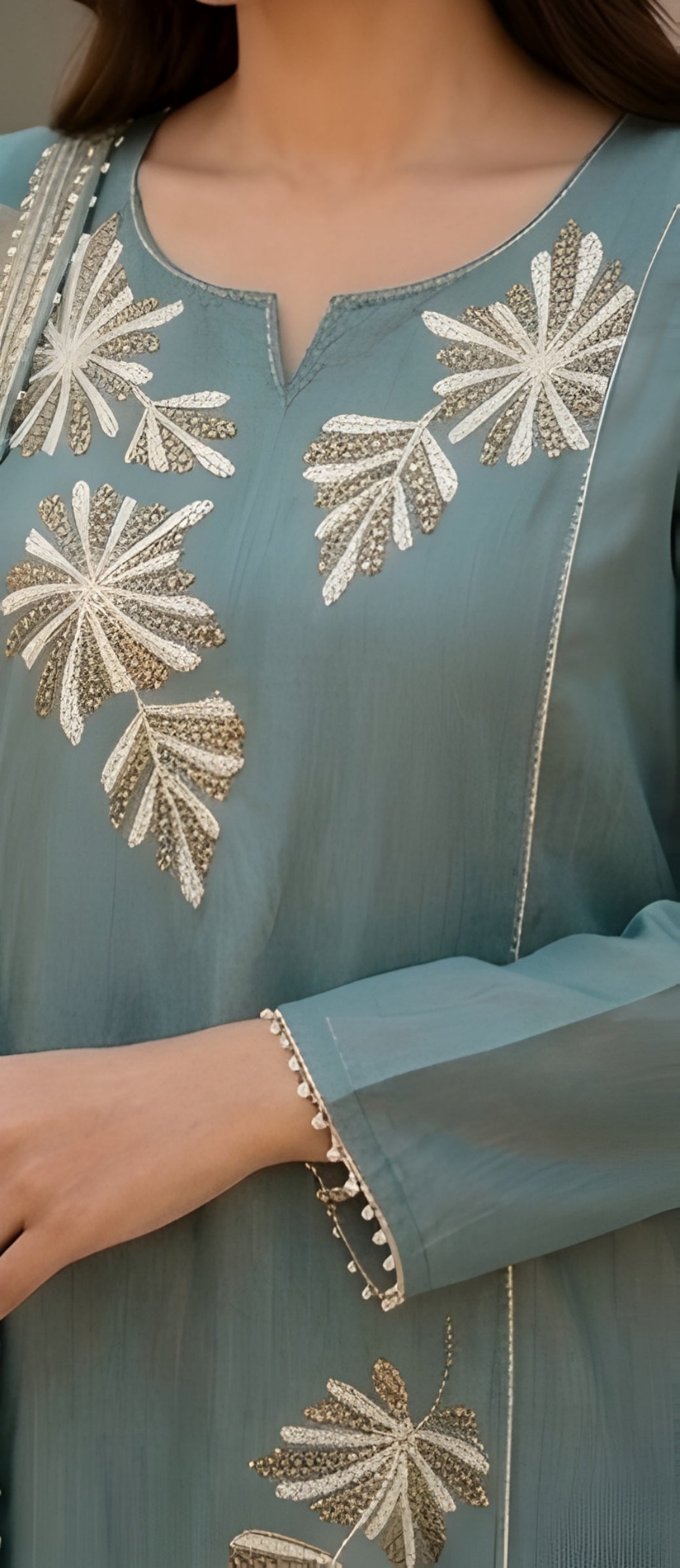 Gota & Zardozi Embroidered Dusty Teal Shimmer Three-Piece Suit